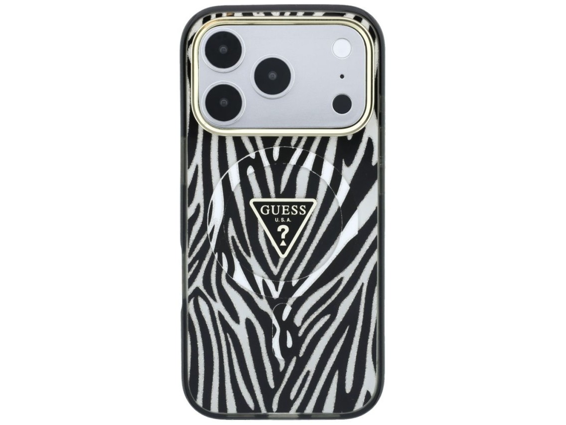 Funda Guess IML Zebra Glitter Triangle Logo MagSafe para iPhone 18 Pro / 17 Pro - Plateada