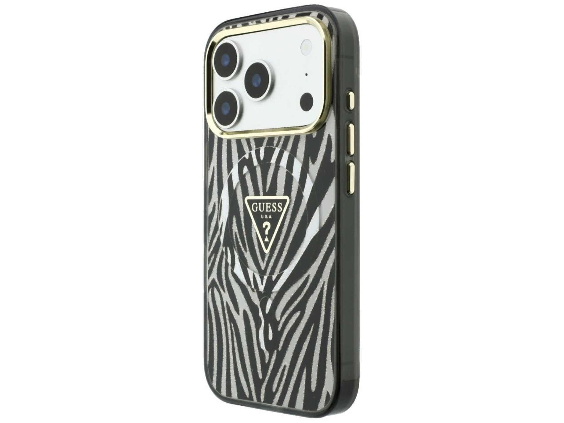 Funda Guess IML Zebra Glitter Triangle Logo MagSafe para iPhone 18 Pro / 17 Pro - Plateada