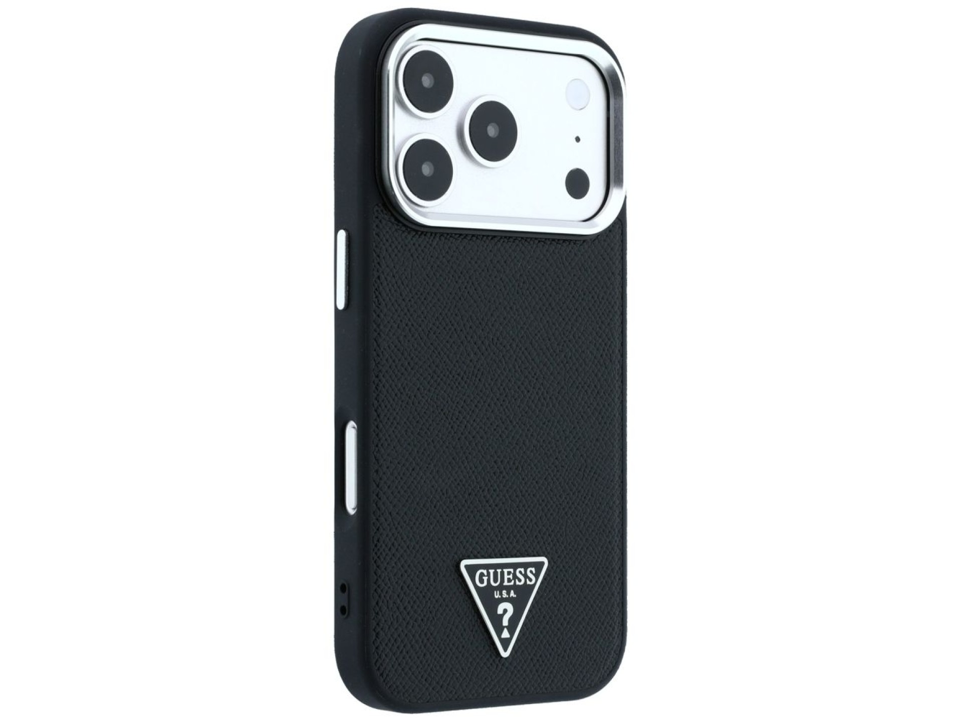 Capa MagSafe com logo triangular texturizado da Guess para iPhone 17 Pro / 18 Pro - Preta