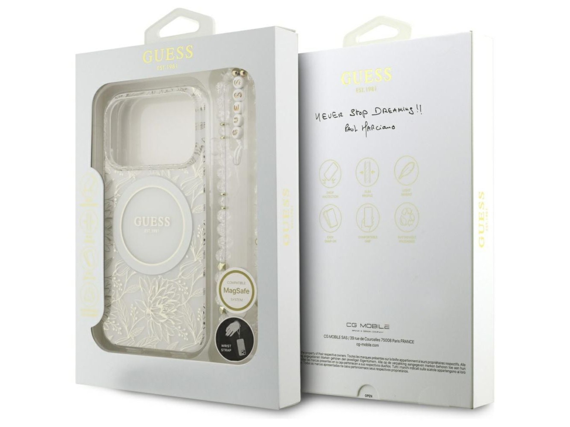 Guess IML Flowers Allover Electroplated with Pearl Strap MagSafe Case for iPhone 18 Pro / 17 Pro - W