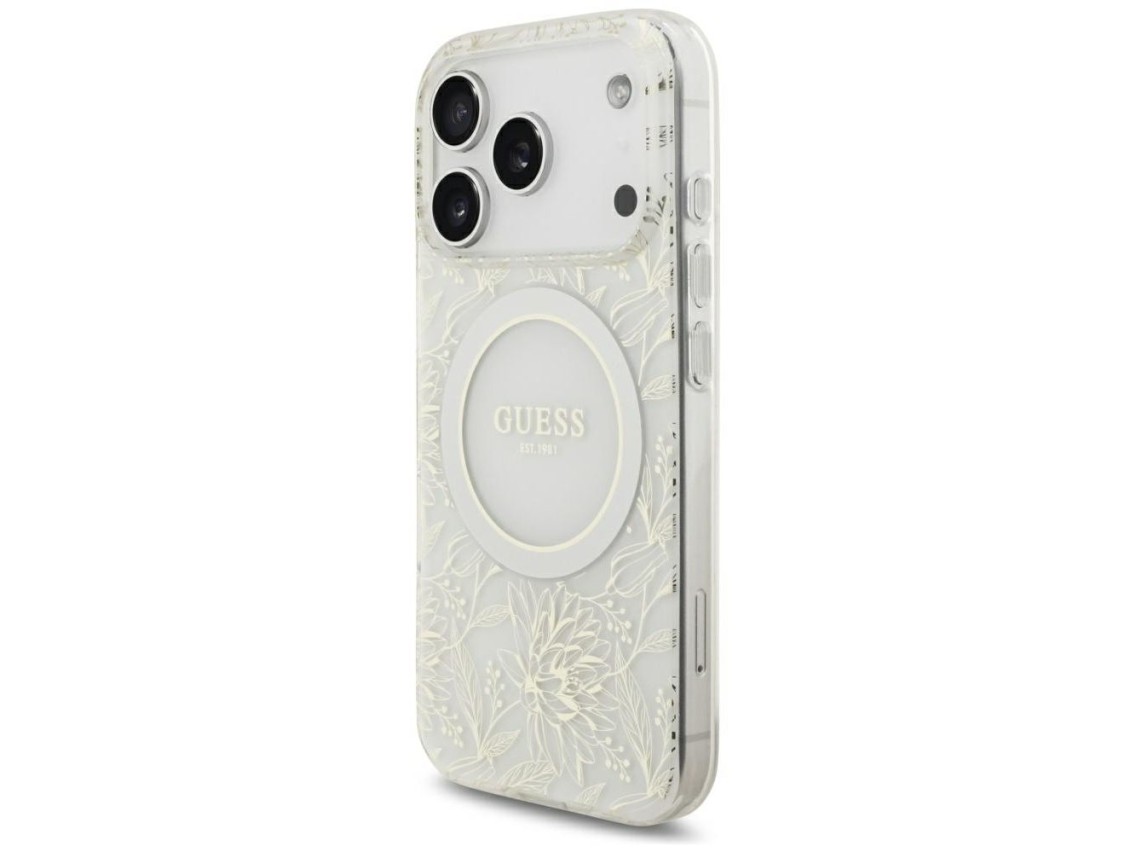 Guess IML Flowers Allover Electroplated with Pearl Strap MagSafe Case for iPhone 18 Pro / 17 Pro - W