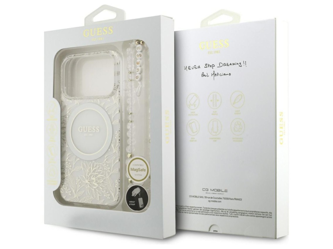 Guess IML Flowers Allover Electroplated with Pearl Strap MagSafe Case for iPhone 18 Pro / 17 Pro - W