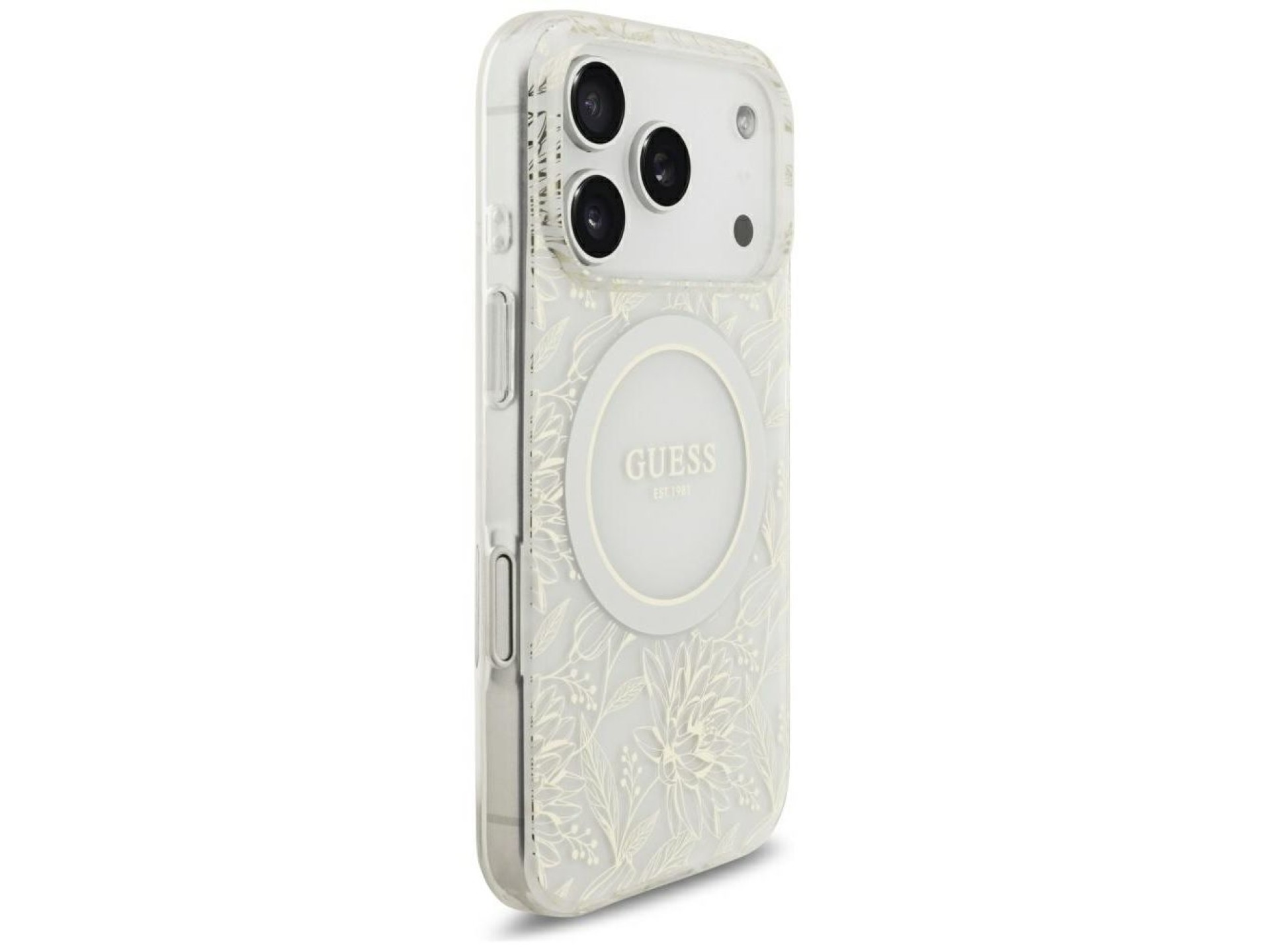 Guess IML Flowers Allover Electroplated with Pearl Strap MagSafe Case for iPhone 18 Pro / 17 Pro - W