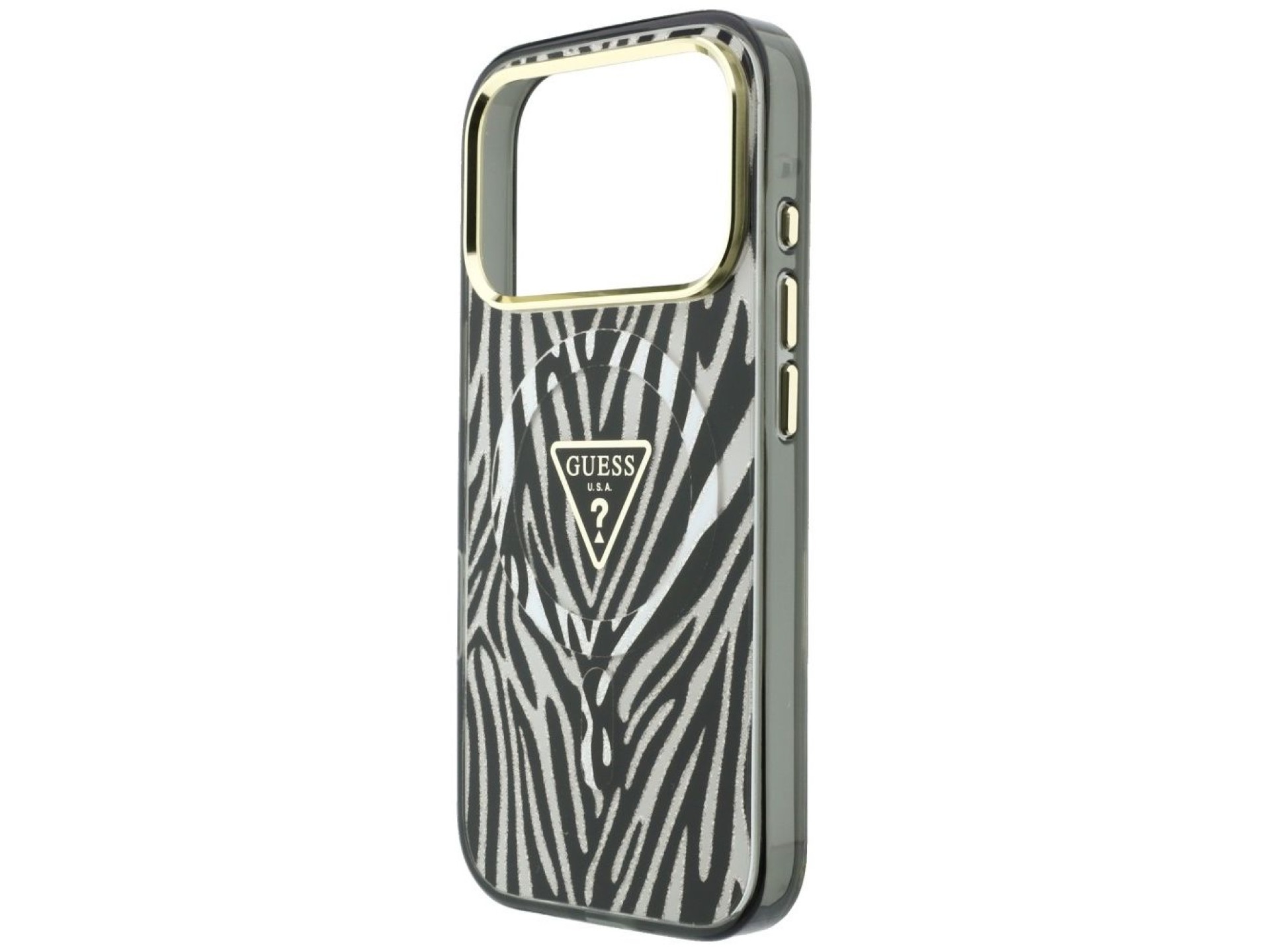 Funda Guess IML Zebra Glitter Triangle Logo MagSafe para iPhone 18 Pro / 17 Pro - Plateada