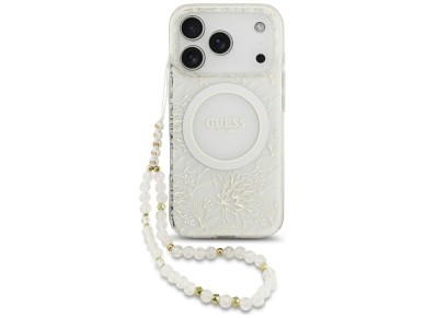 Funda Guess IML con estampado floral, chapada en oro y correa de perlas, compatible con MagSafe, par Funda Guess IML con estampado floral, chapada en oro y correa de perlas, compatible con MagSafe, par