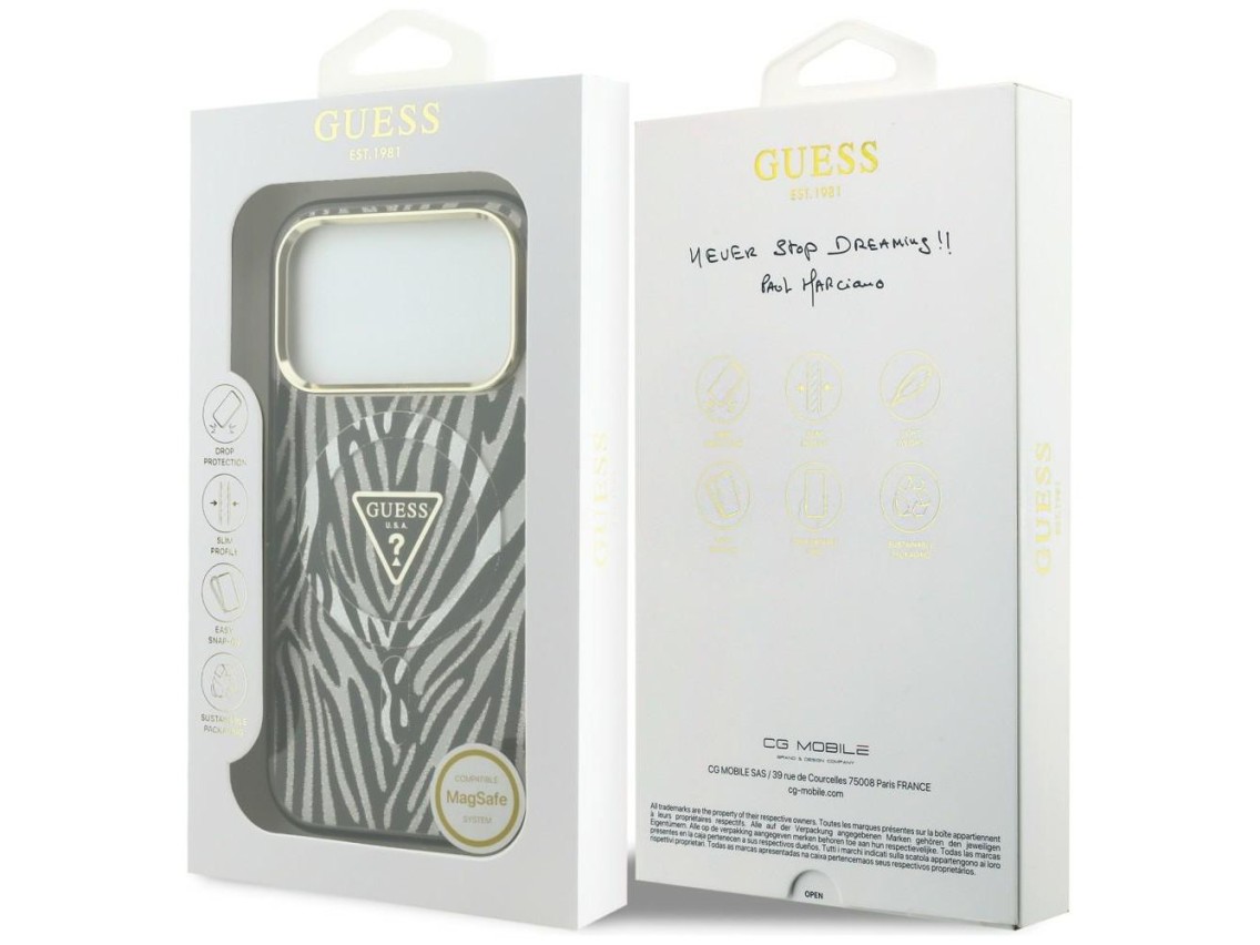 Funda Guess IML Zebra Glitter Triangle Logo MagSafe para iPhone 18 Pro / 17 Pro - Plateada