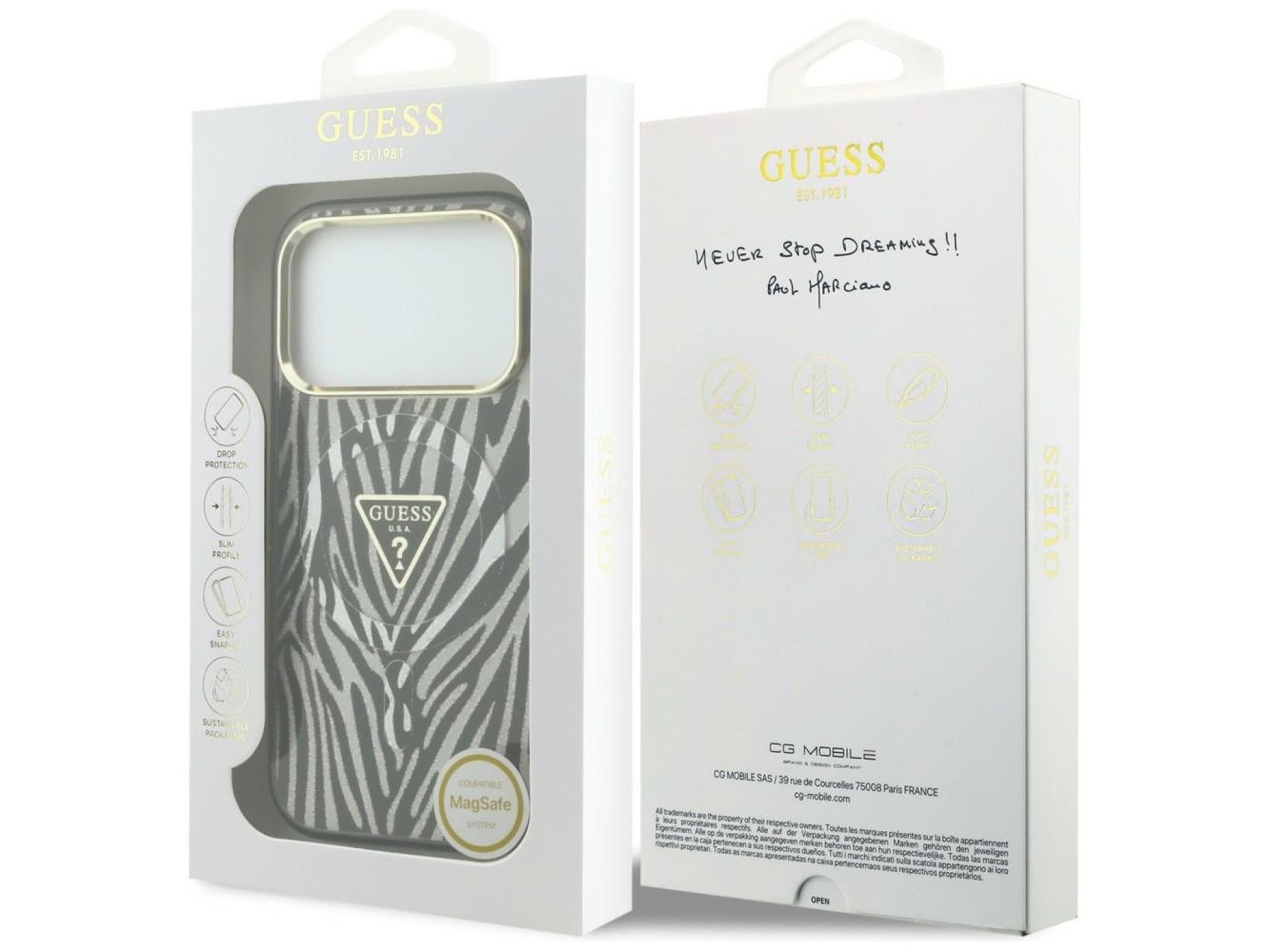 Funda Guess IML Zebra Glitter Triangle Logo MagSafe para iPhone 18 Pro / 17 Pro - Plateada