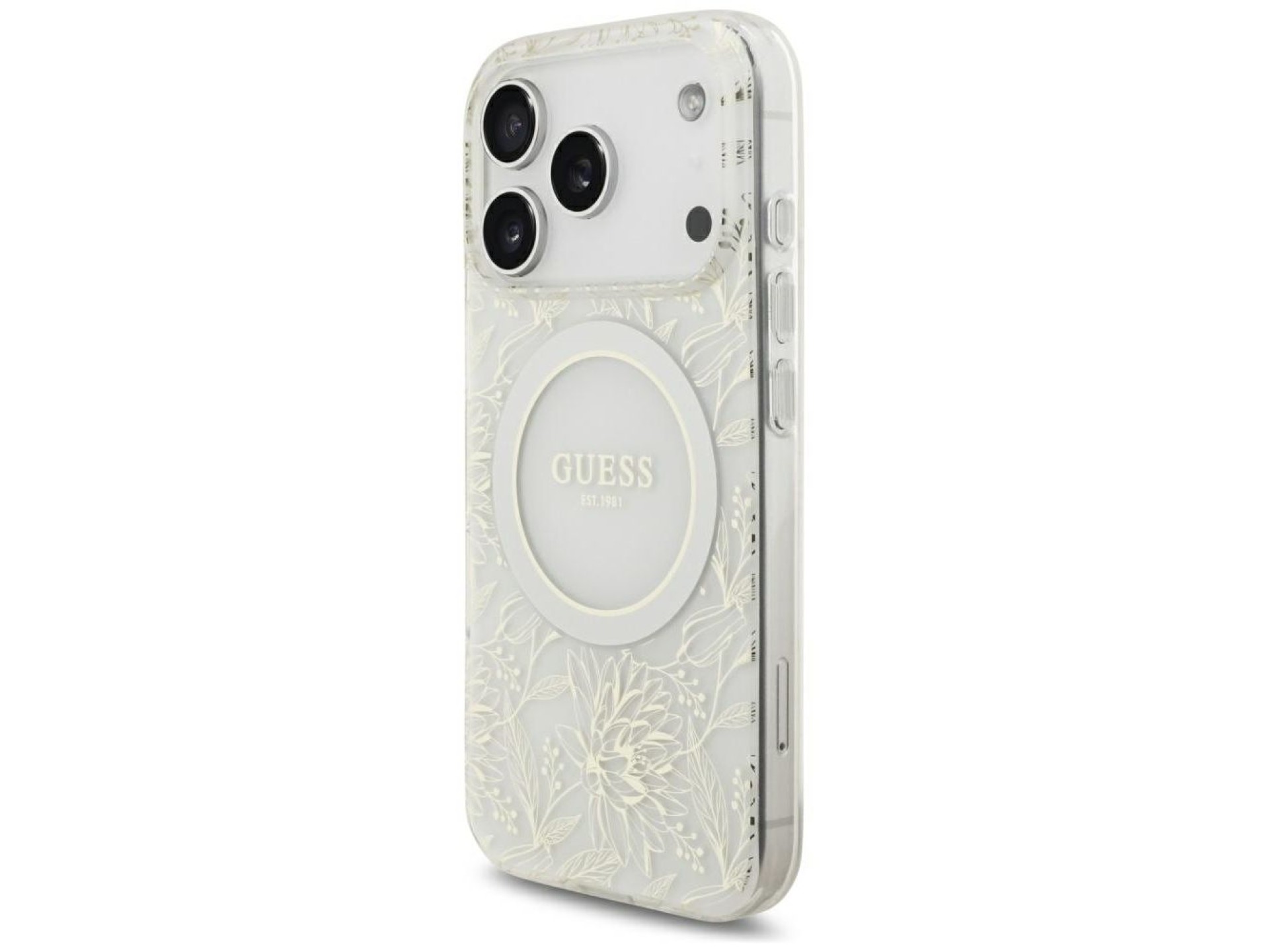 Guess IML Flowers Allover Electroplated with Pearl Strap MagSafe Case for iPhone 18 Pro / 17 Pro - W