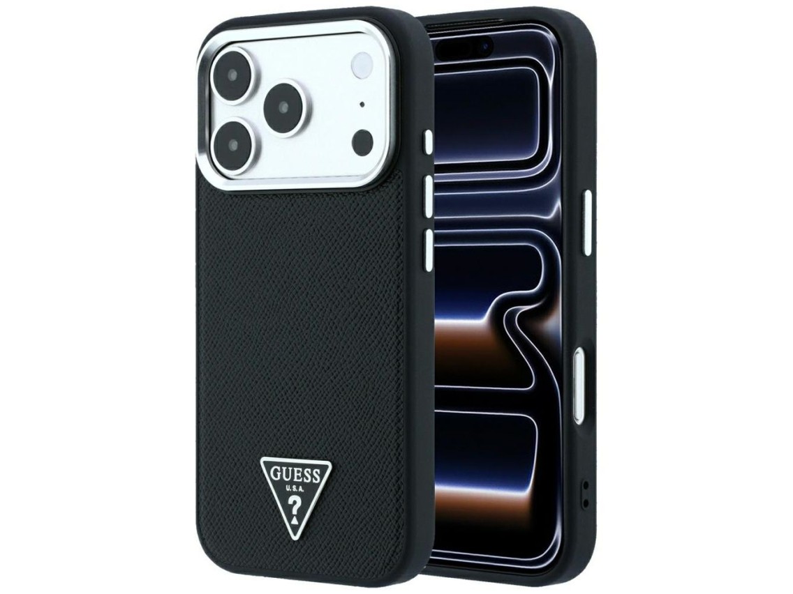 Capa MagSafe com logo triangular texturizado da Guess para iPhone 17 Pro Max / 18 Pro Max - Preta