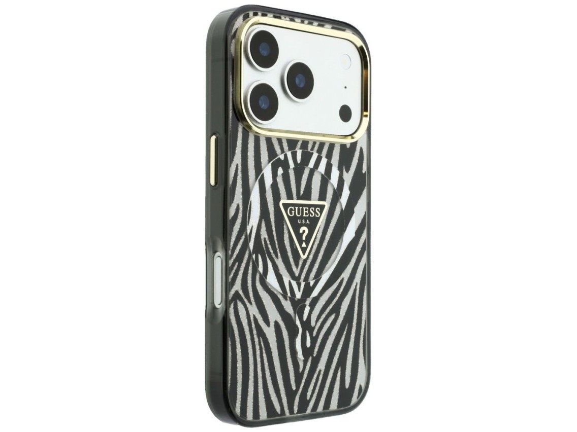 Funda Guess IML Zebra Glitter Triangle Logo MagSafe para iPhone 18 Pro / 17 Pro - Plateada