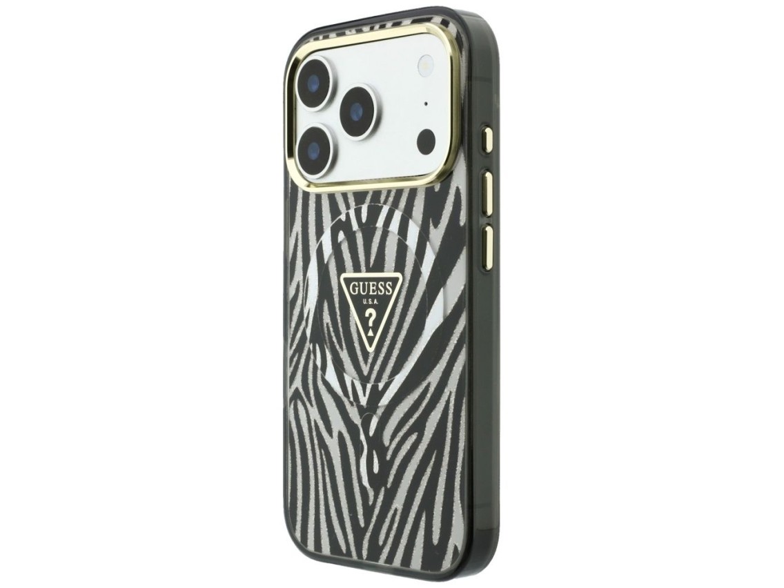 Funda Guess IML Zebra Glitter Triangle Logo MagSafe para iPhone 18 Pro / 17 Pro - Plateada