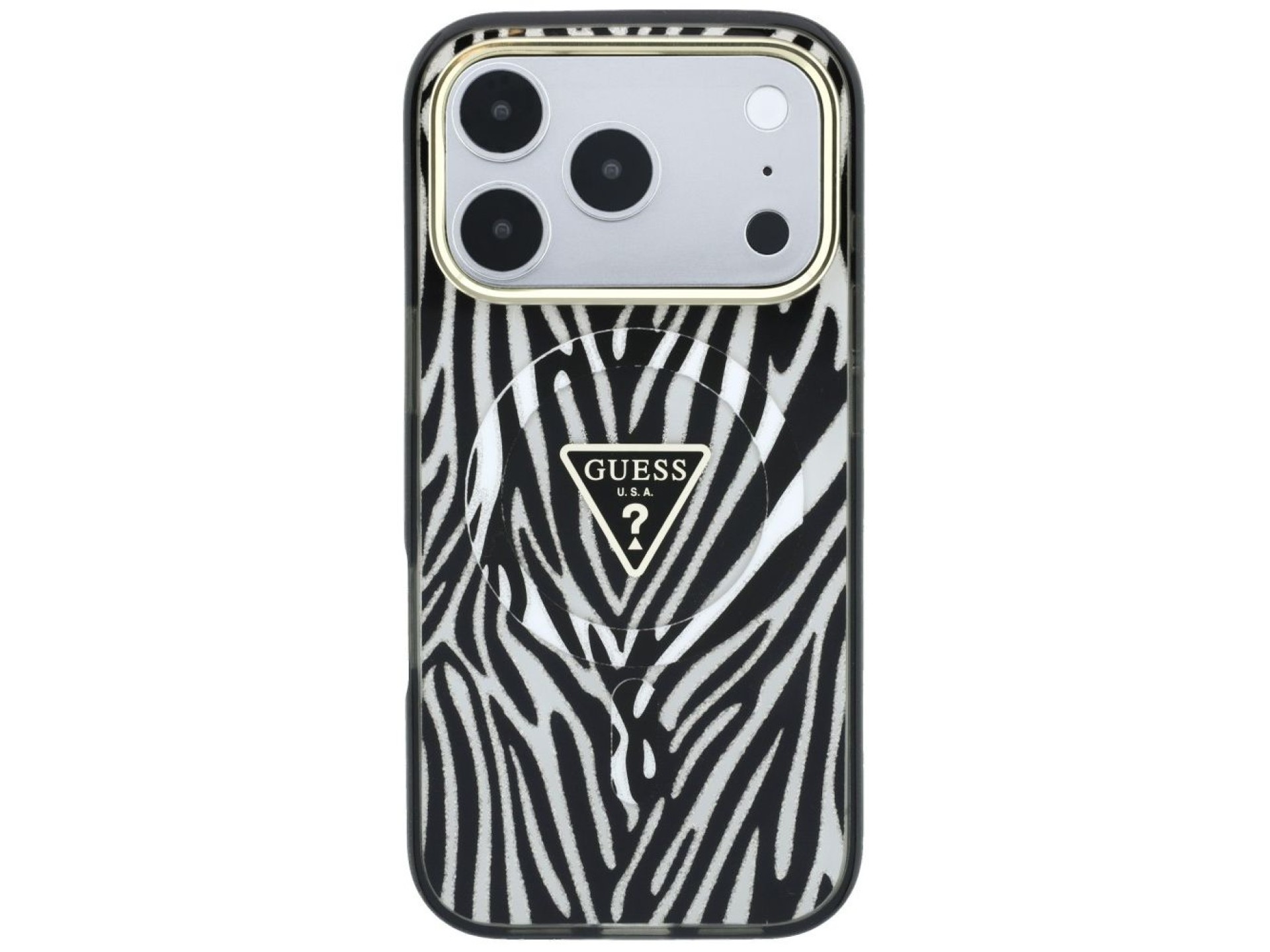 Funda Guess IML Zebra Glitter Triangle Logo MagSafe para iPhone 18 Pro / 17 Pro - Plateada