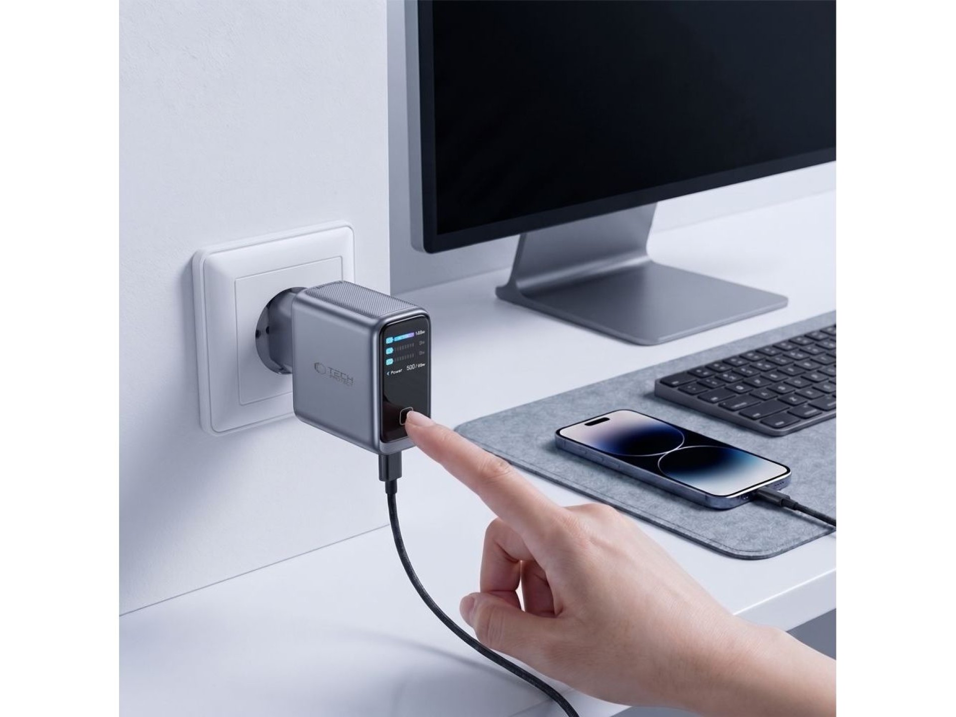 Carregador de parede Tech-Protect PowerVision NC100W-GaN de 3 portas PD 100W / QC3.0 - Cinza escuro