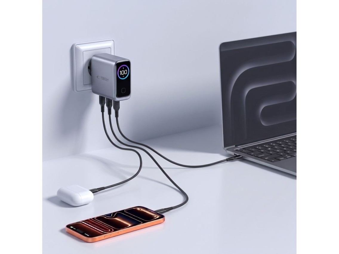 Carregador de parede Tech-Protect PowerVision NC100W-GaN de 3 portas PD 100W / QC3.0 - Cinza escuro