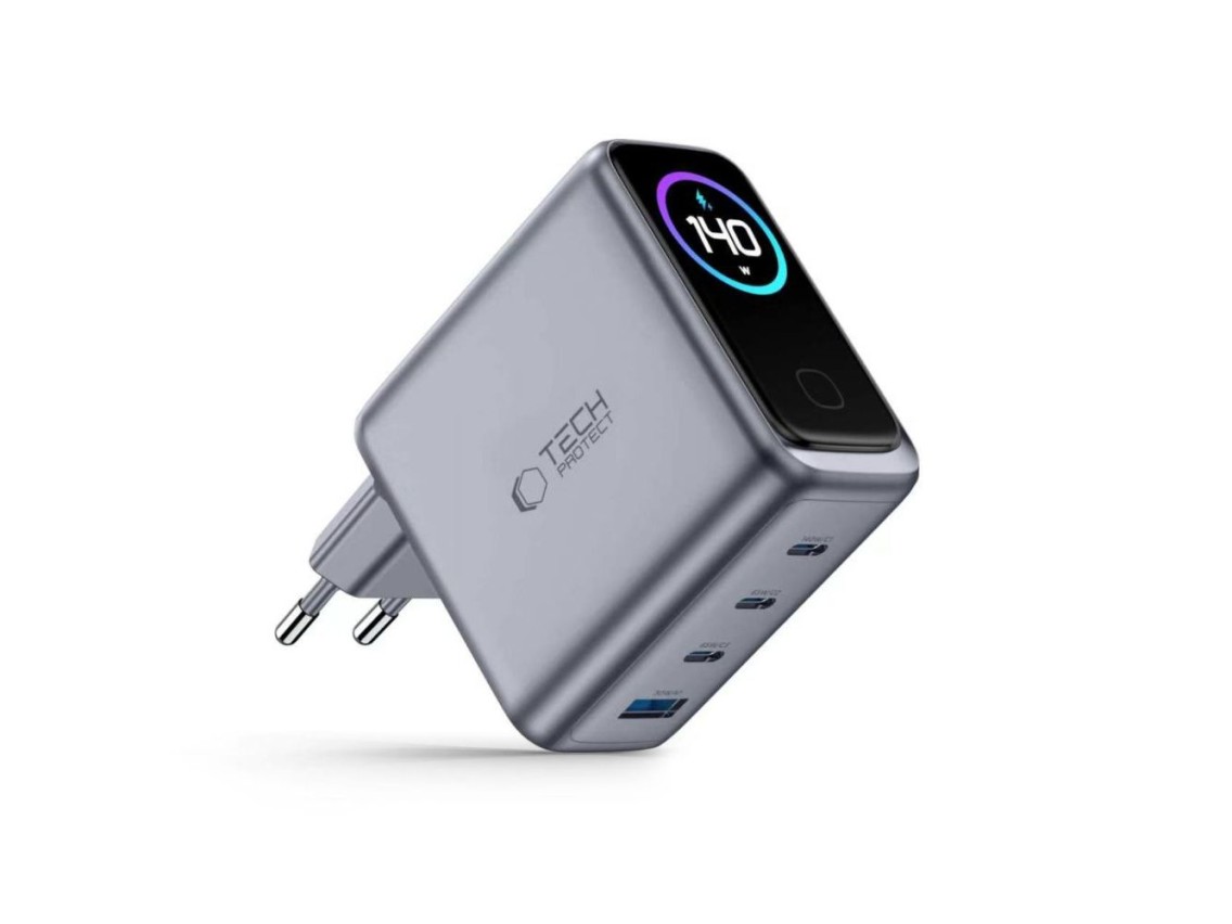Carregador de parede Tech-Protect PowerVision NC140W-GaN de 4 portas PD 140W / QC3.0 - Cinza escuro