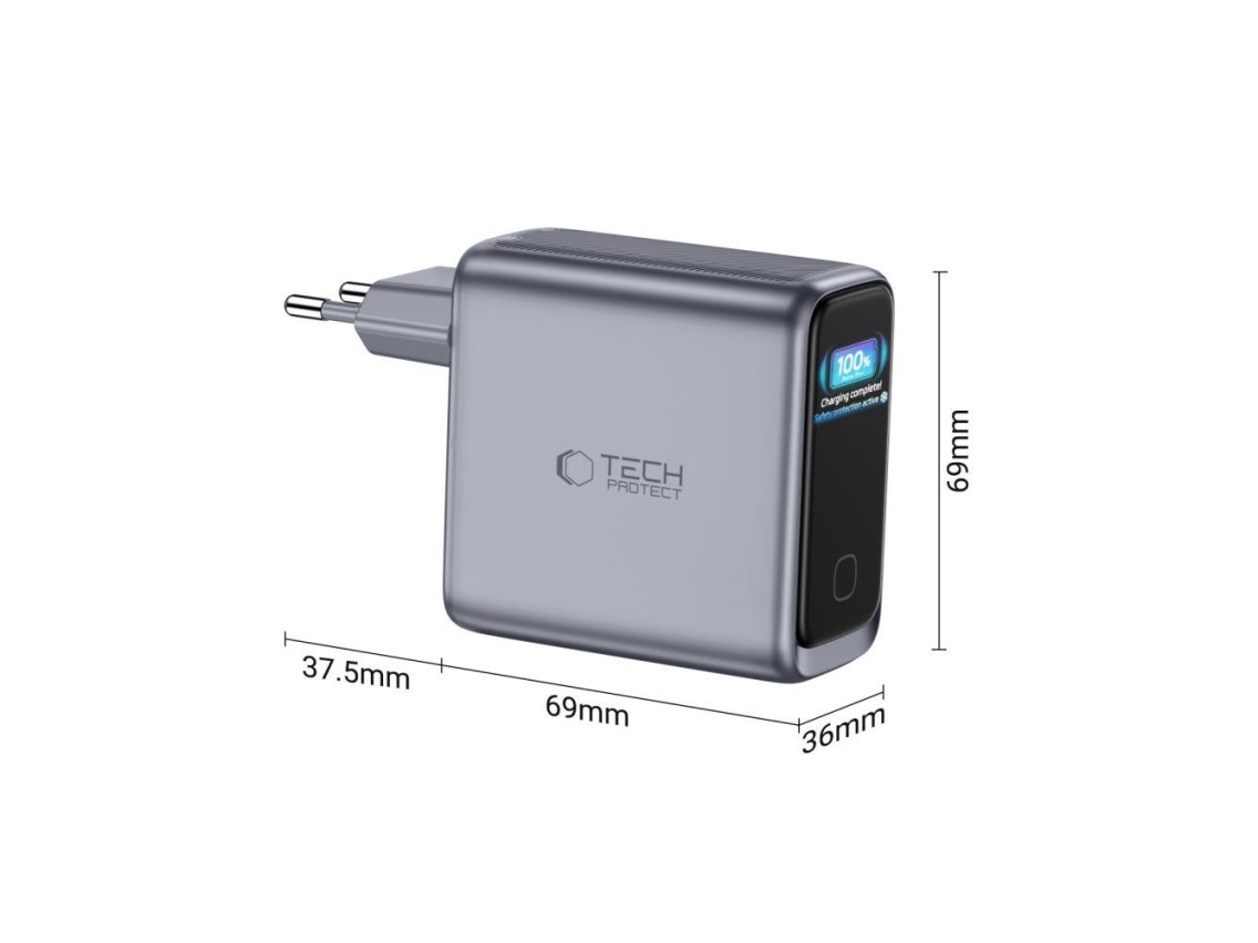 Carregador de parede Tech-Protect PowerVision NC140W-GaN de 4 portas PD 140W / QC3.0 - Cinza escuro