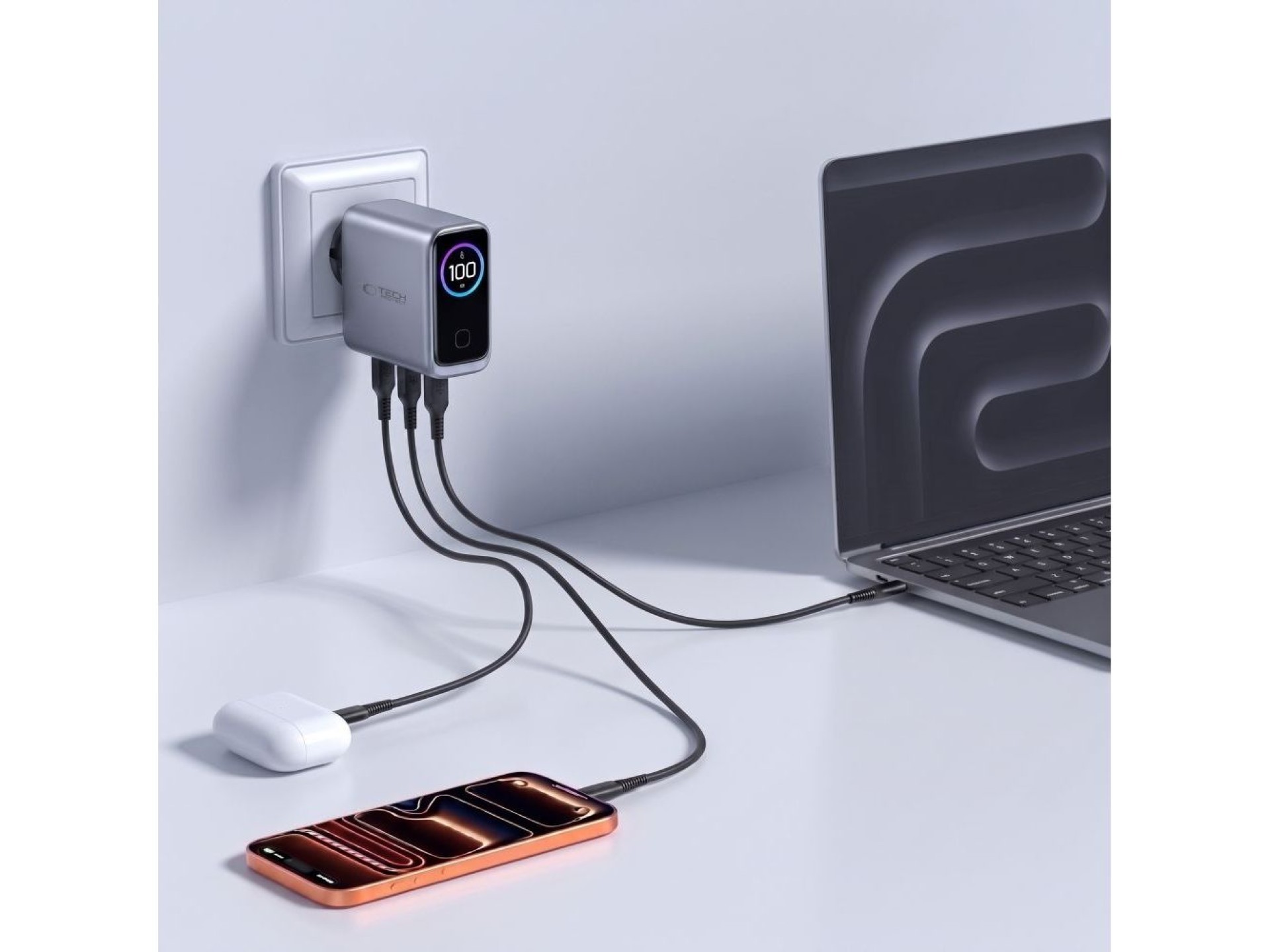 Carregador de parede Tech-Protect PowerVision NC100W-GaN de 3 portas PD 100W / QC3.0 - Cinza escuro