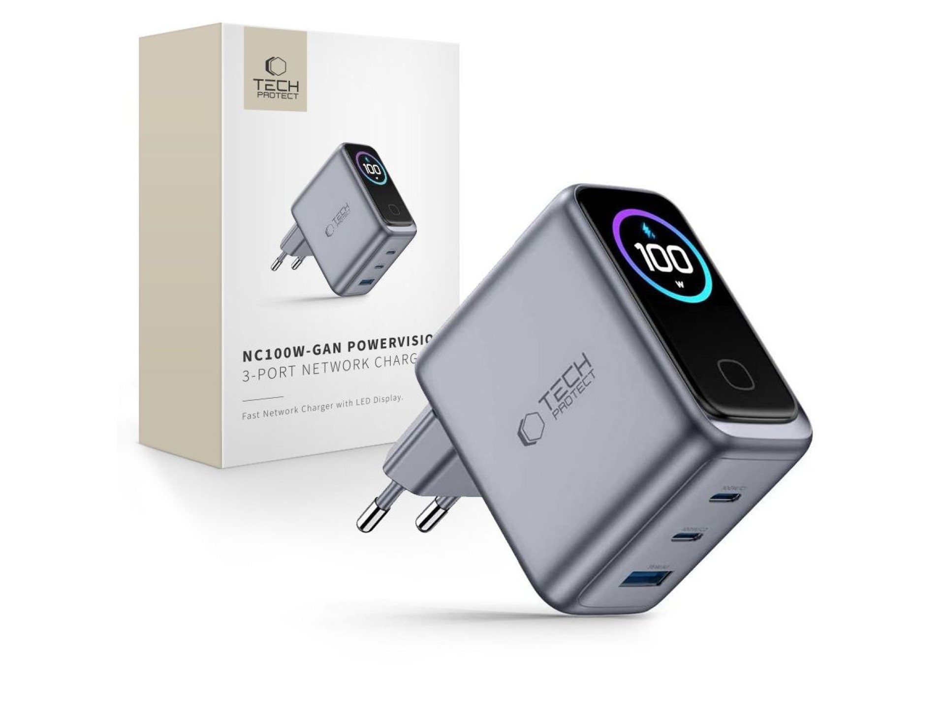 Carregador de parede Tech-Protect PowerVision NC100W-GaN de 3 portas PD 100W / QC3.0 - Cinza escuro