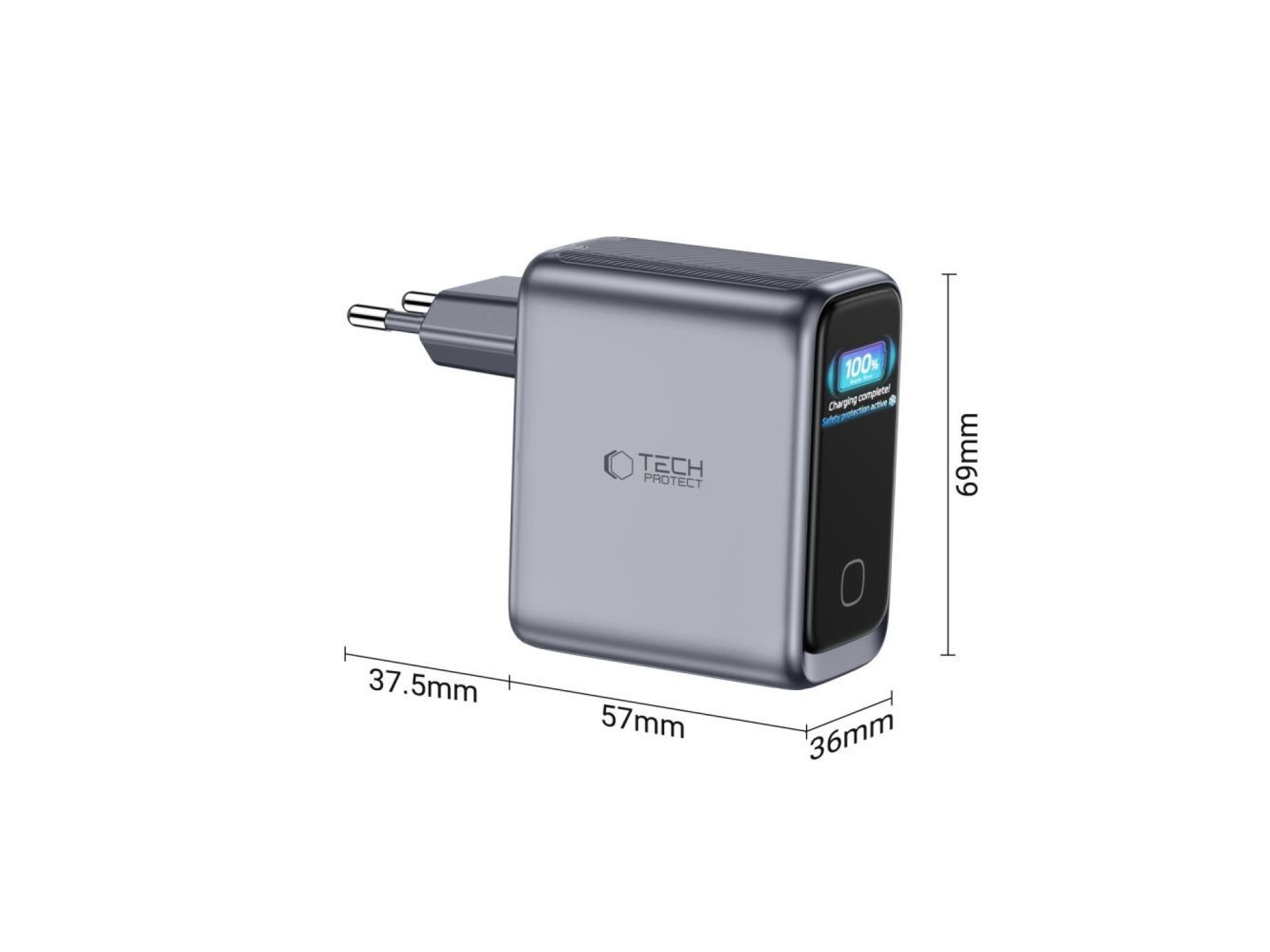 Carregador de parede Tech-Protect PowerVision NC100W-GaN de 3 portas PD 100W / QC3.0 - Cinza escuro