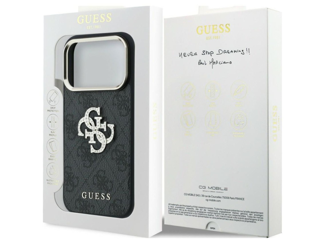 Funda Guess 4G con logo Big Strass para iPhone 17 Pro Max / 18 Pro Max - Negra