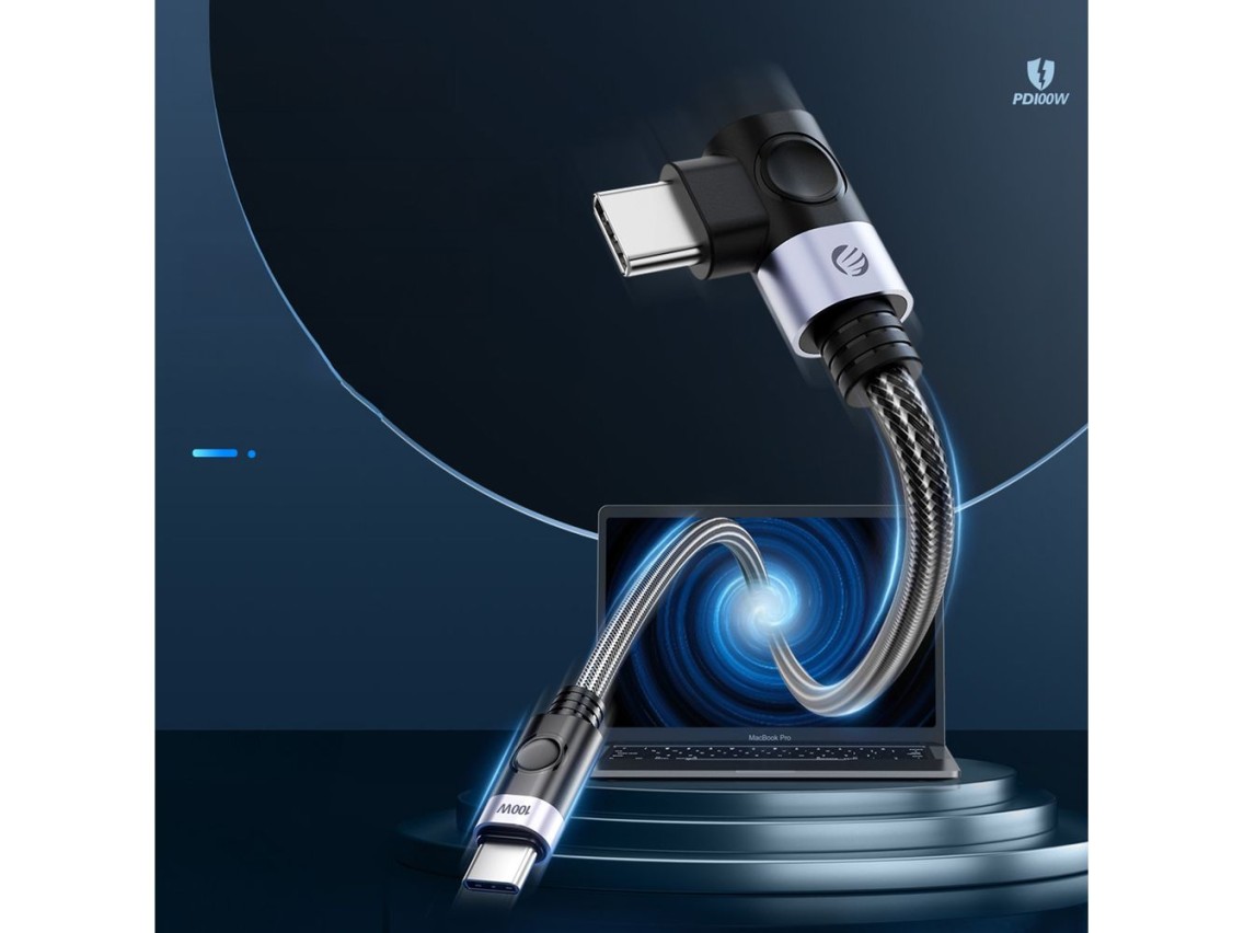 Cabo de carregamento rápido para laptop C2C PD100W (ângulo reto) preto 0,5 m