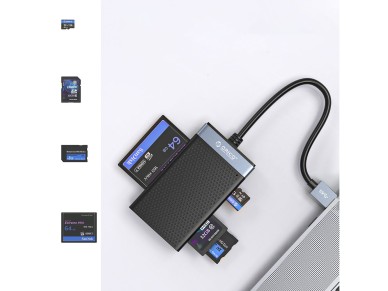 Lector de tarjetas de memoria Orico CL4D-A3 USB-A 3.0 SD microSD CF MS de 5 Gb/s - Negro y plata Lector de tarjetas de memoria Orico CL4D-A3 USB-A 3.0 SD microSD CF MS de 5 Gb/s - Negro y plata