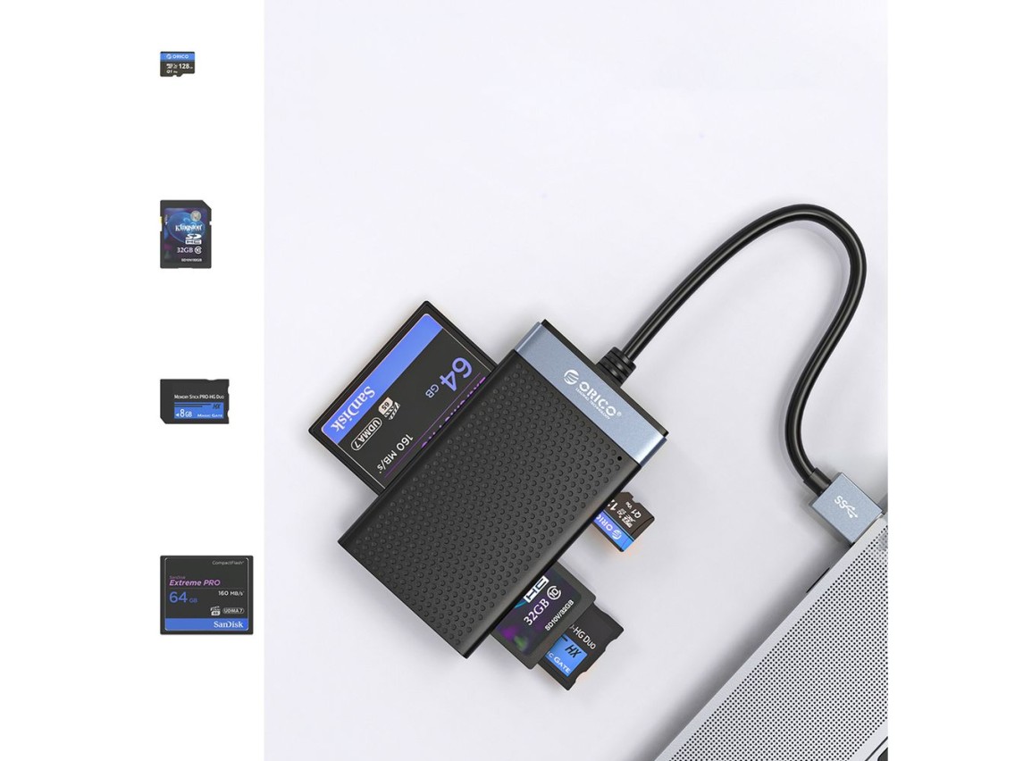 Lector de tarjetas de memoria Orico CL4D-A3 USB-A 3.0 SD microSD CF MS de 5 Gb/s - Negro y plata