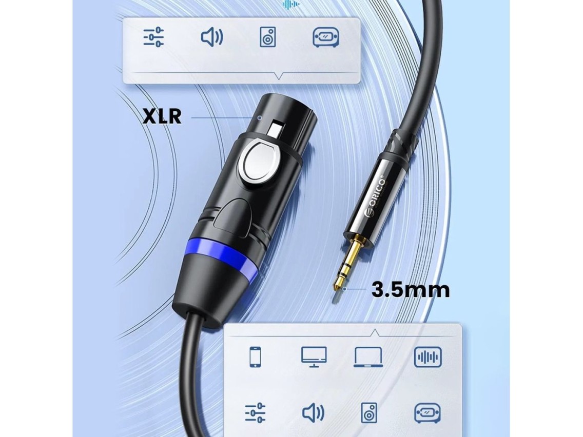 Cabo de áudio Orico AXKF mini jack de 3,5 mm para XLR fêmea de 5 m - preto