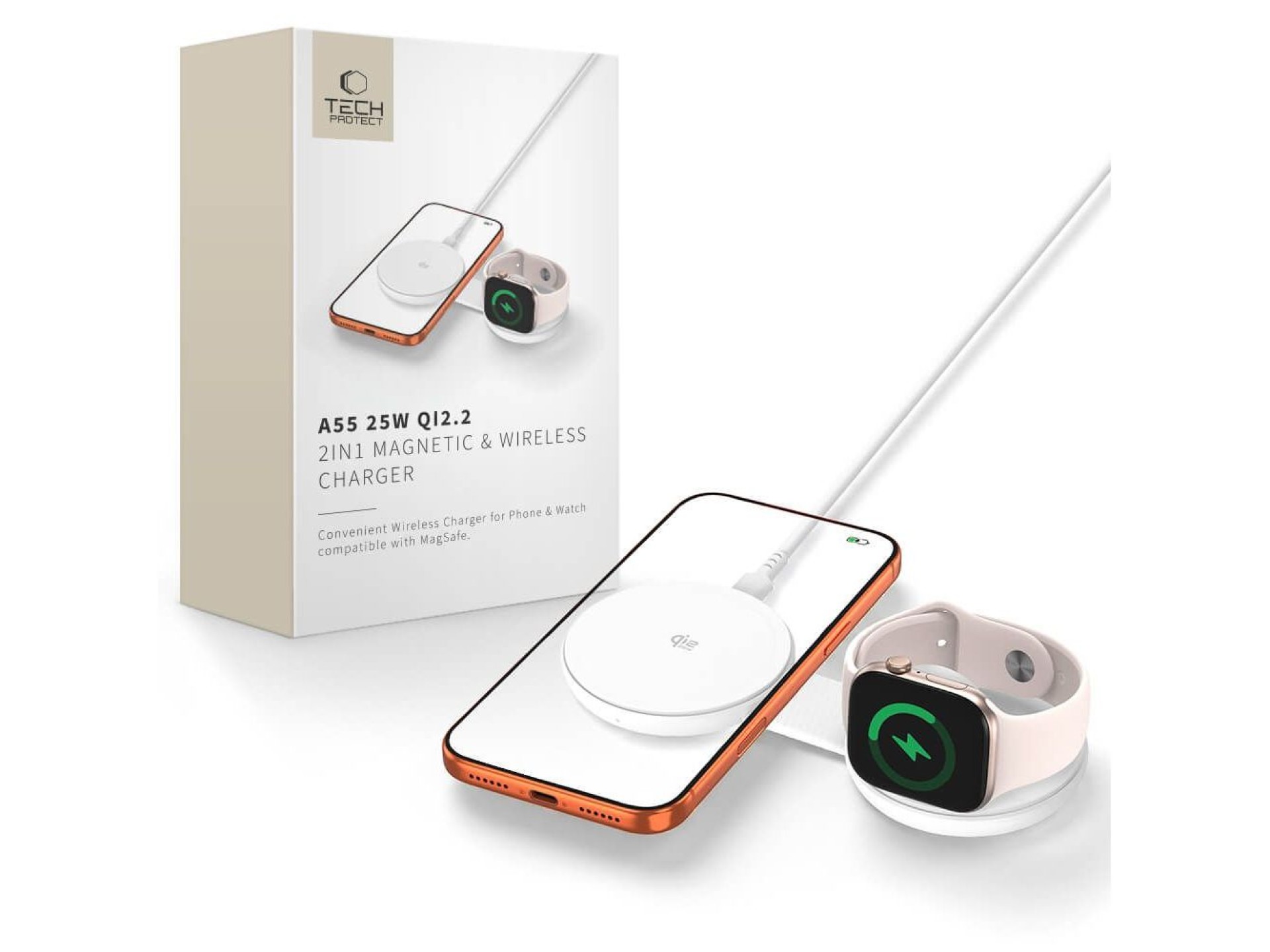 Tech-Protect A55 2in1 MagSafe 25W QI2.2 Wireless Charger + USB-C / USB-C Cable 100cm - White