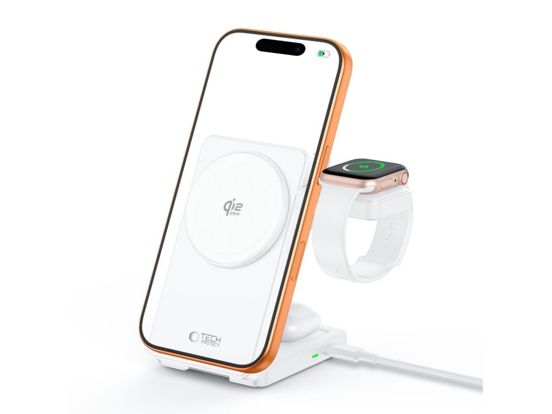 Cargador inalámbrico Tech-Protect A56 3 en 1 MagSafe de 25 W QI2.2 + cable USB-C/USB-C de 100 cm - B