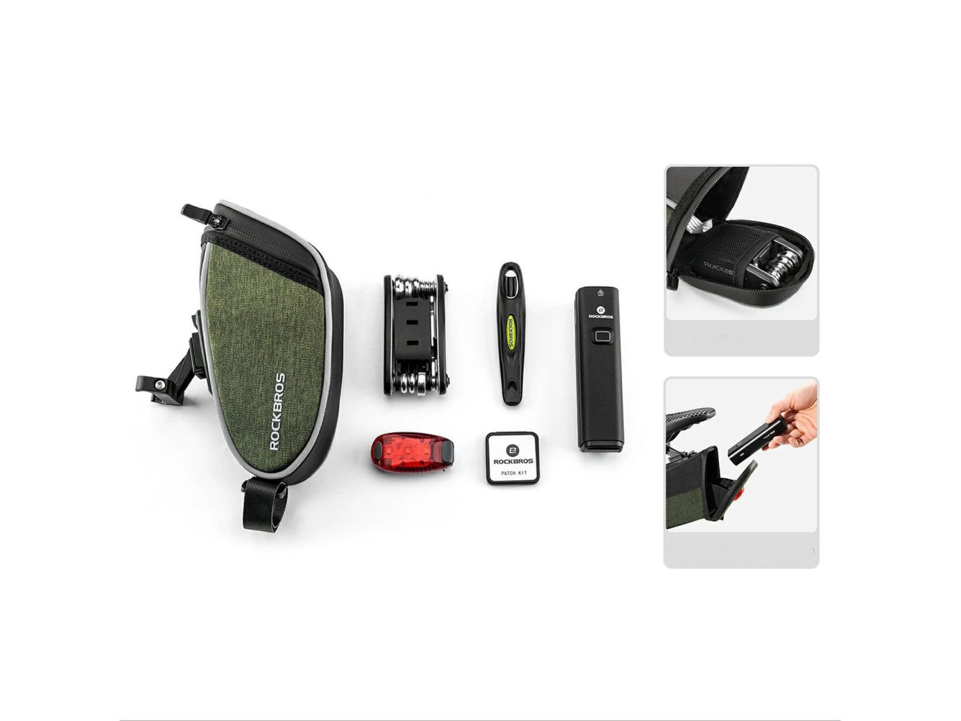 Bolsa de selim leve Rockbros C52-2 com iluminação de 250 mAh - verde