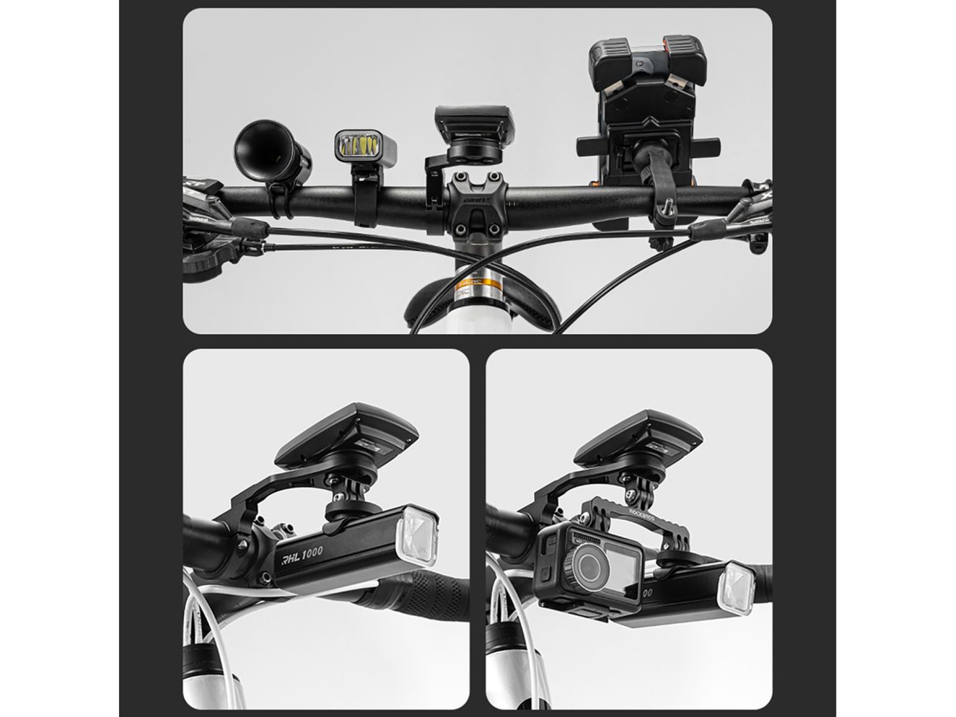 Suporte de guidão Rockbros FK-301 2 em 1 para computador/navegador e câmera/iluminação - Preto