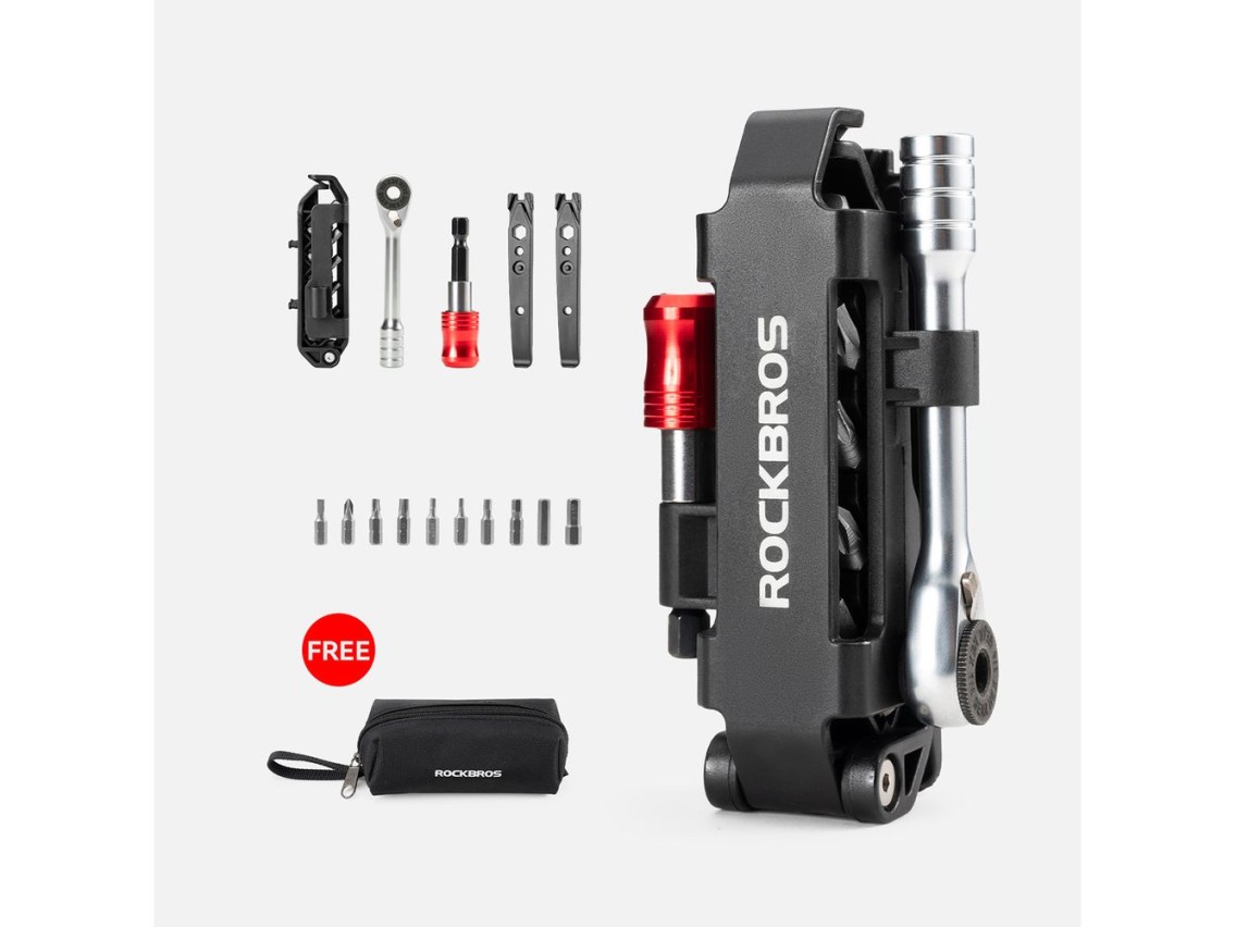 Rockbros Multitool Bicycle Tool Set with Ratchet Wrench and Tire Levers - Black