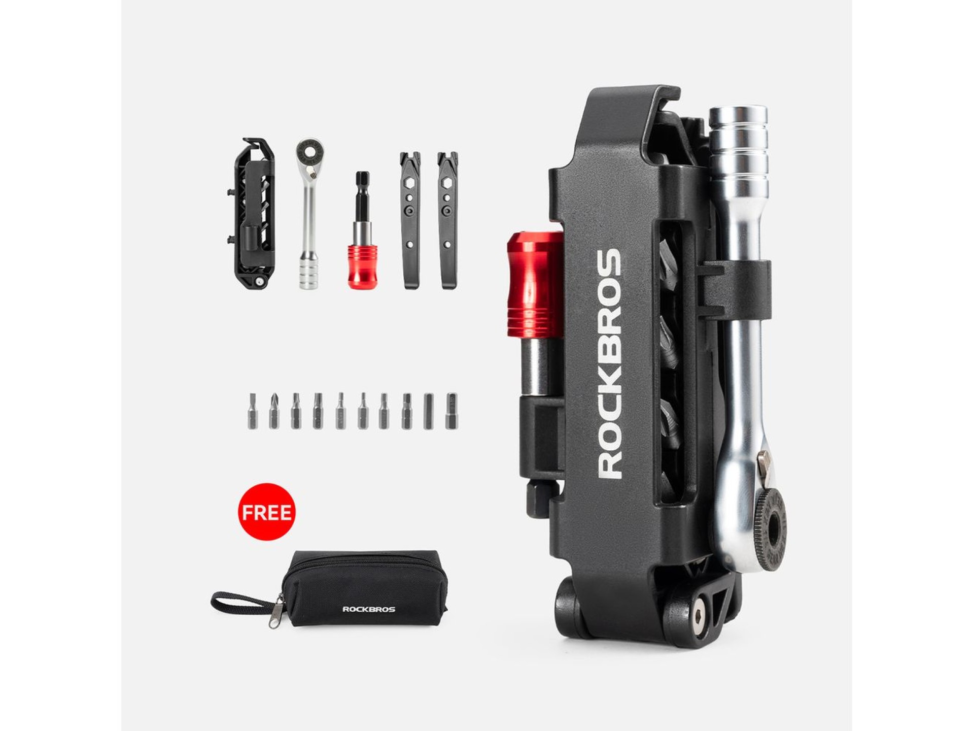Rockbros Multitool Bicycle Tool Set with Ratchet Wrench and Tire Levers - Black