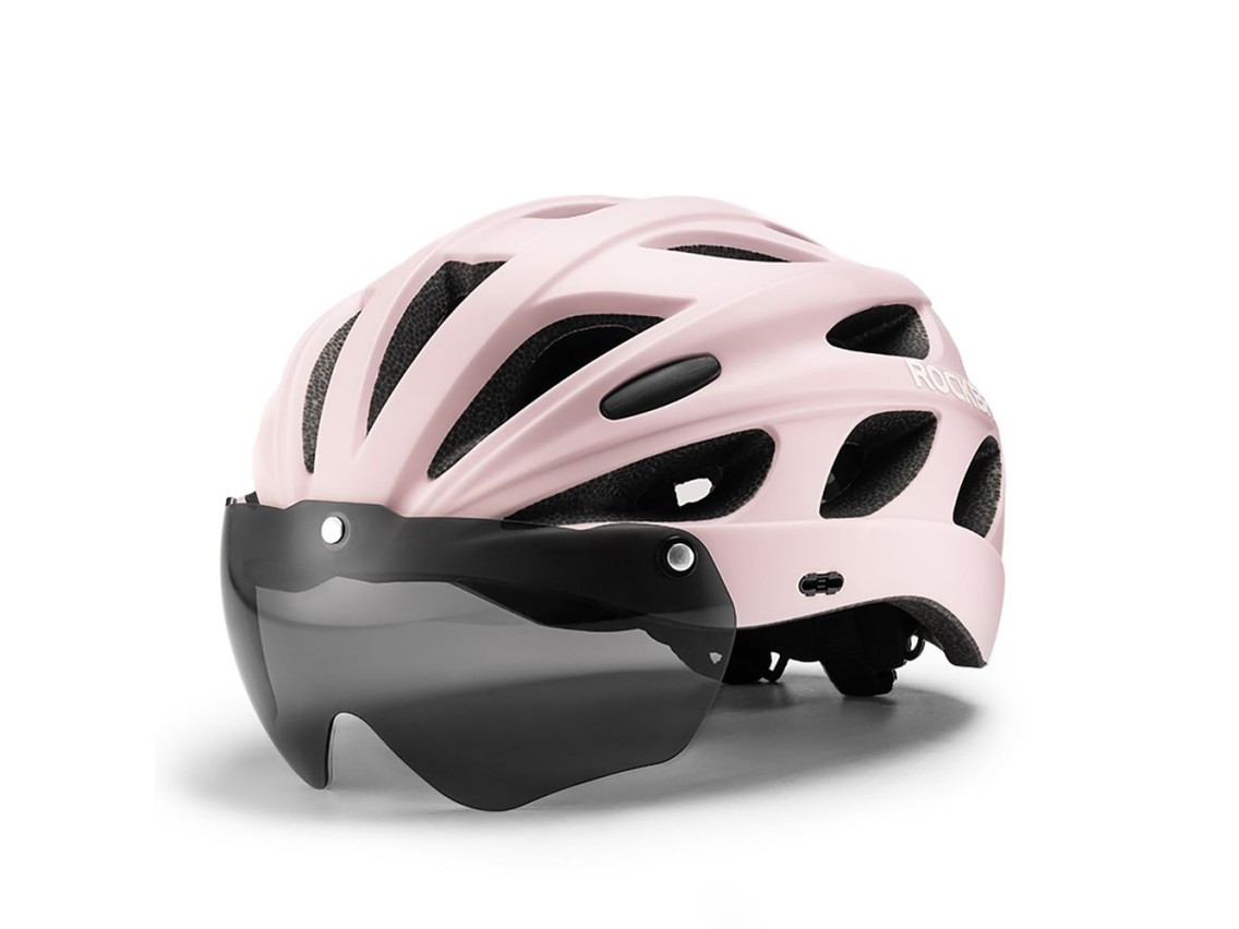 Rockbros Bike Helmet with Visor, Detachable UV Goggles, Detachable Visor, Unisex - Pink