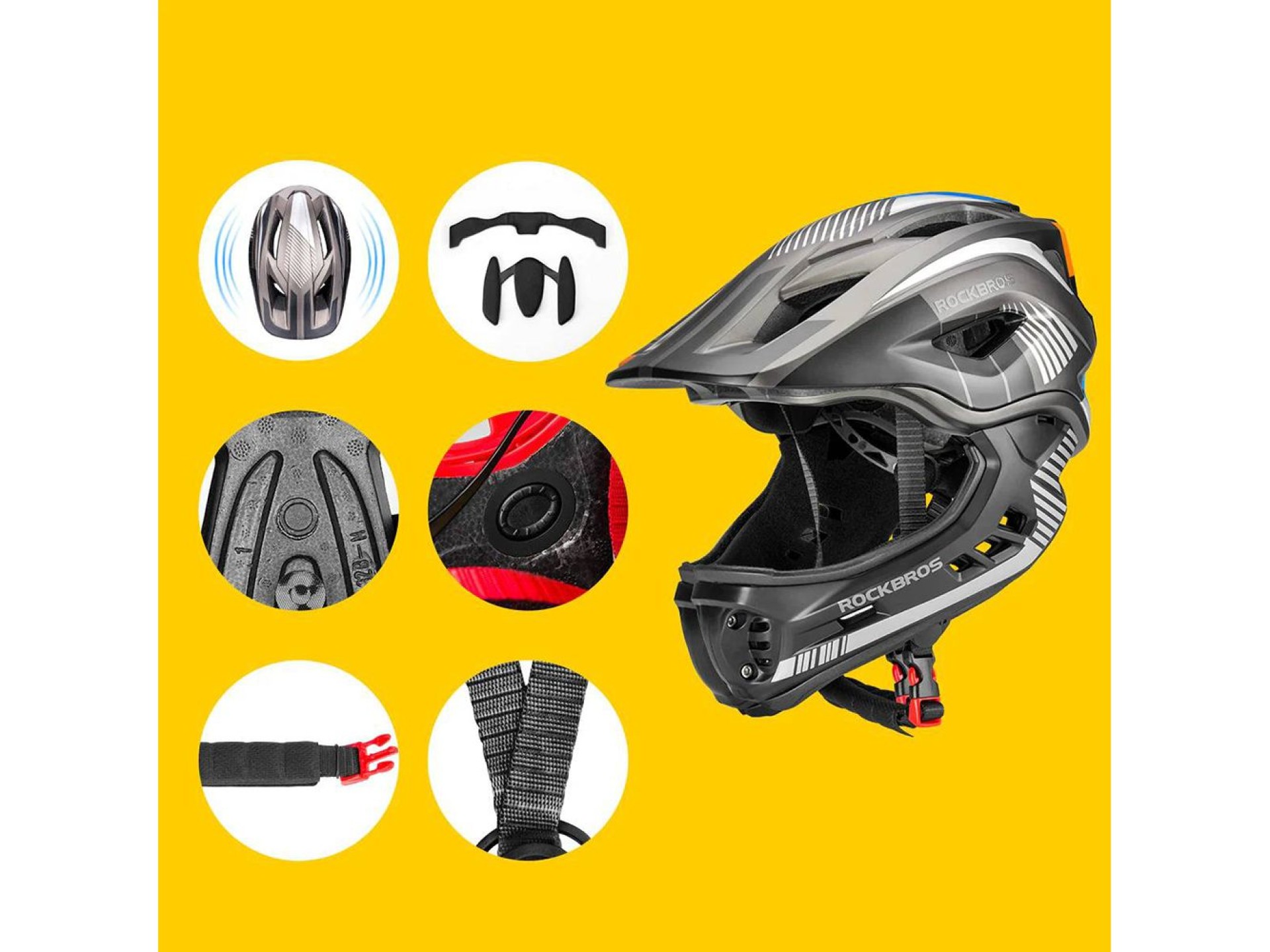 Rockbros TT-32SBTG-M children's bicycle helmet with removable chinbar, size M - gray