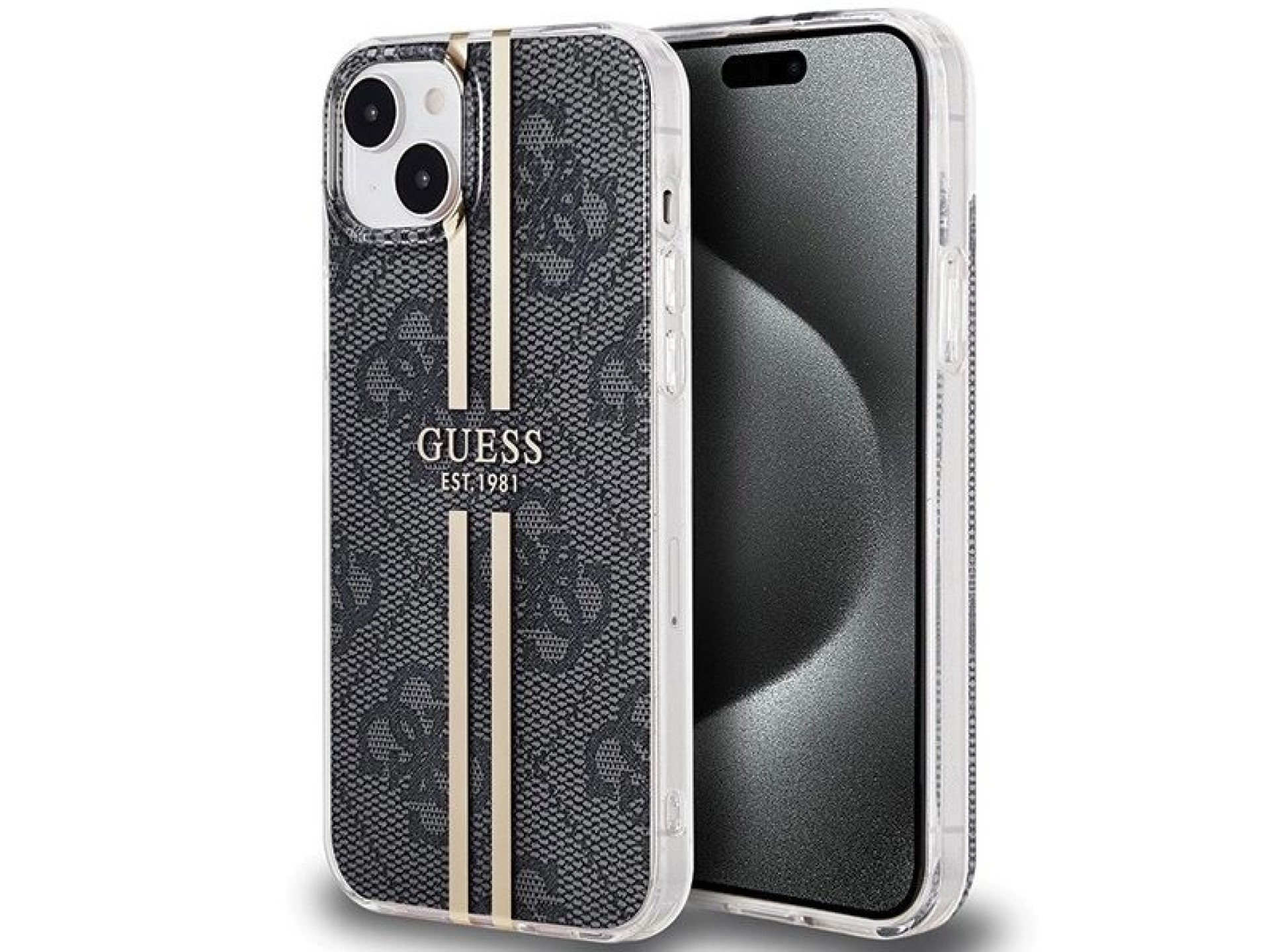 Funda Guess IML 4G Gold Stripe para iPhone 15 Plus / 14 Plus - negra
