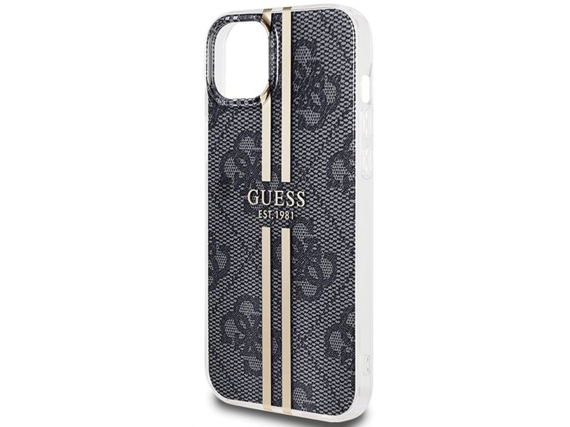 Capa Guess IML 4G com listras douradas para iPhone 15 Plus / 14 Plus - preta
