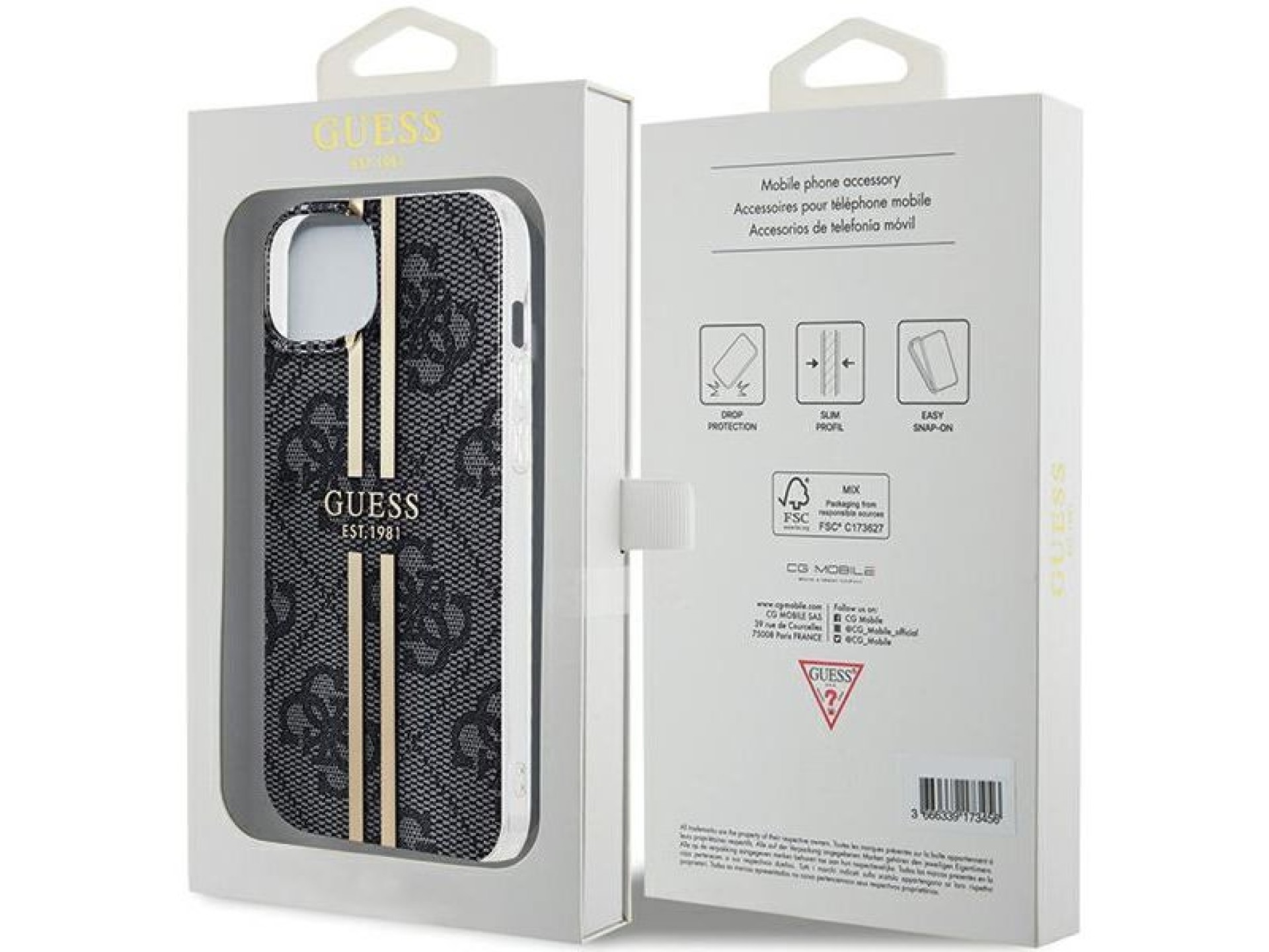 Capa Guess IML 4G com listras douradas para iPhone 15 Plus / 14 Plus - preta