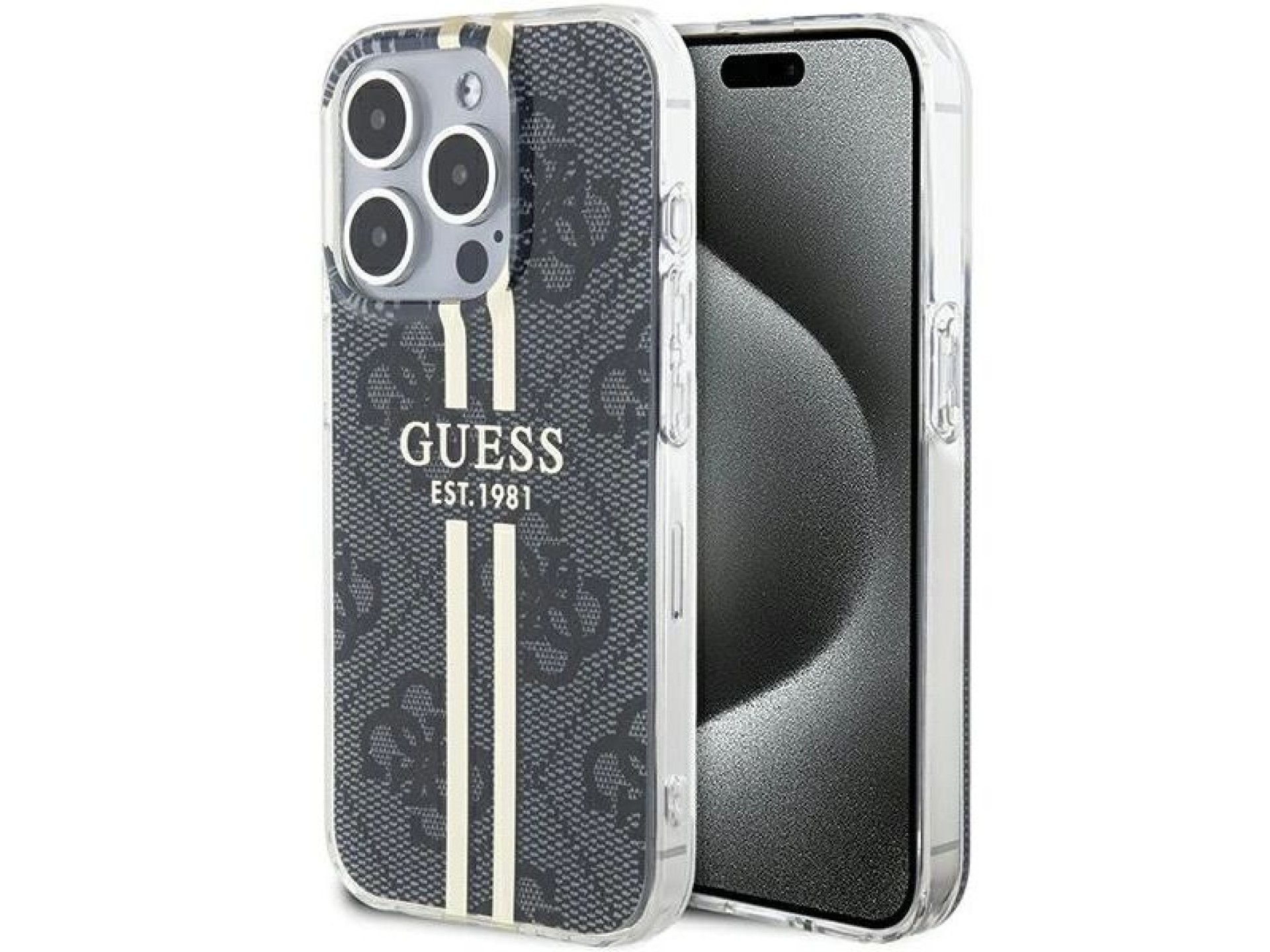 Funda Guess IML 4G Gold Stripe para iPhone 15 Pro - negra
