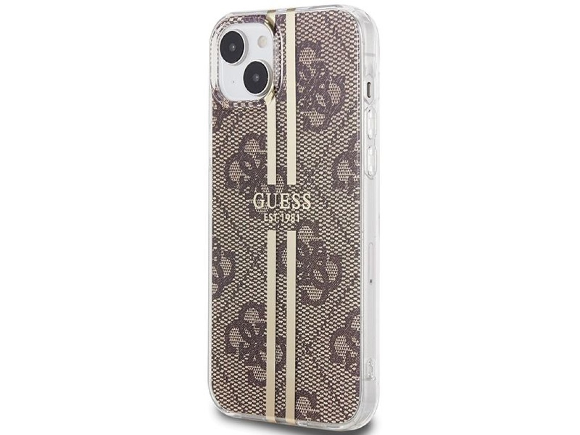 Capa Guess IML 4G com listras douradas para iPhone 15 Plus / 14 Plus - marrom