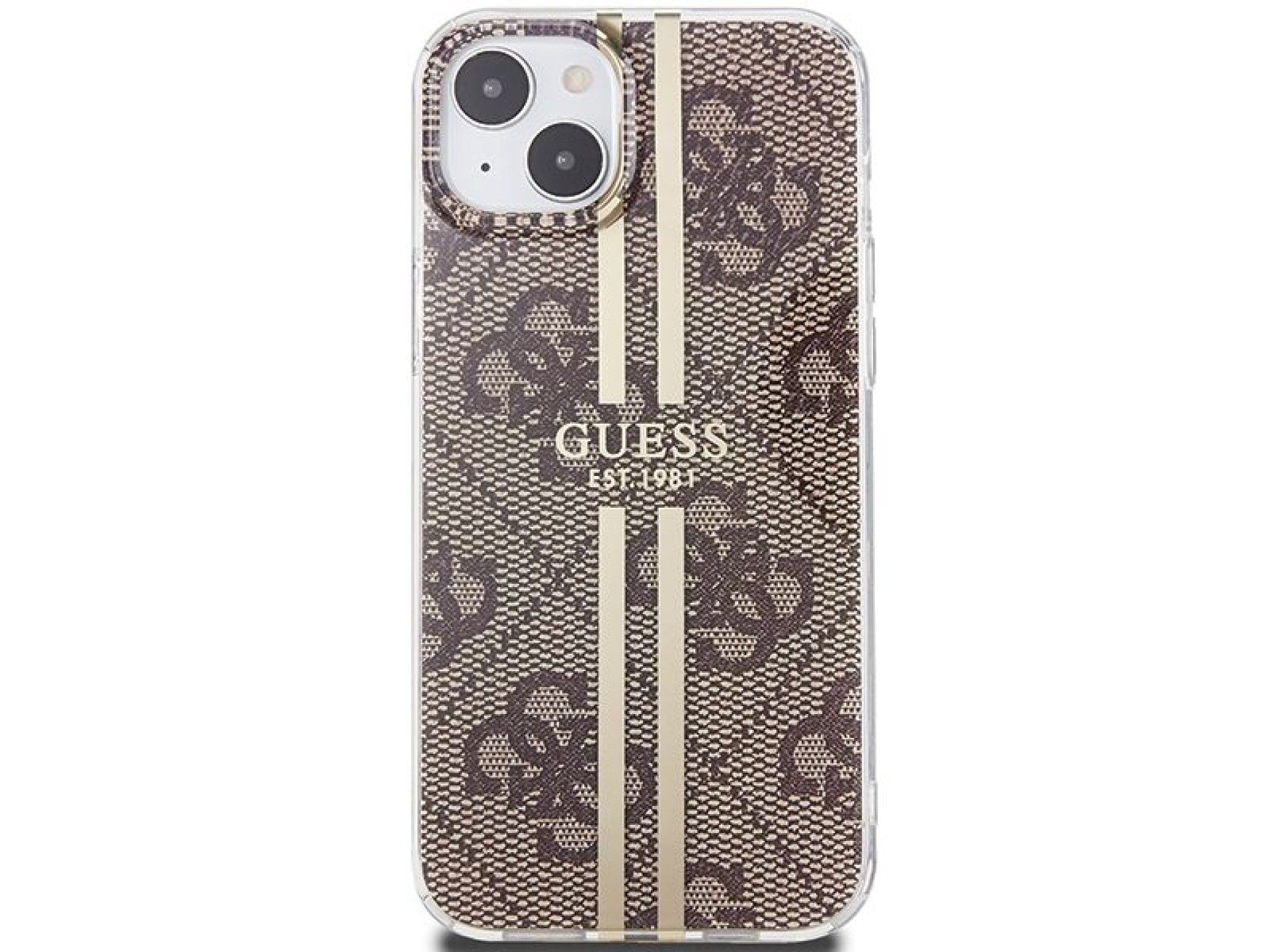 Capa Guess IML 4G com listras douradas para iPhone 15 Plus / 14 Plus - marrom