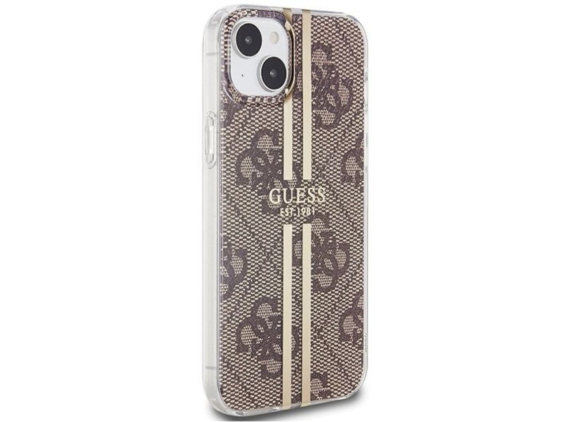 Capa Guess IML 4G com listras douradas para iPhone 15 Plus / 14 Plus - marrom