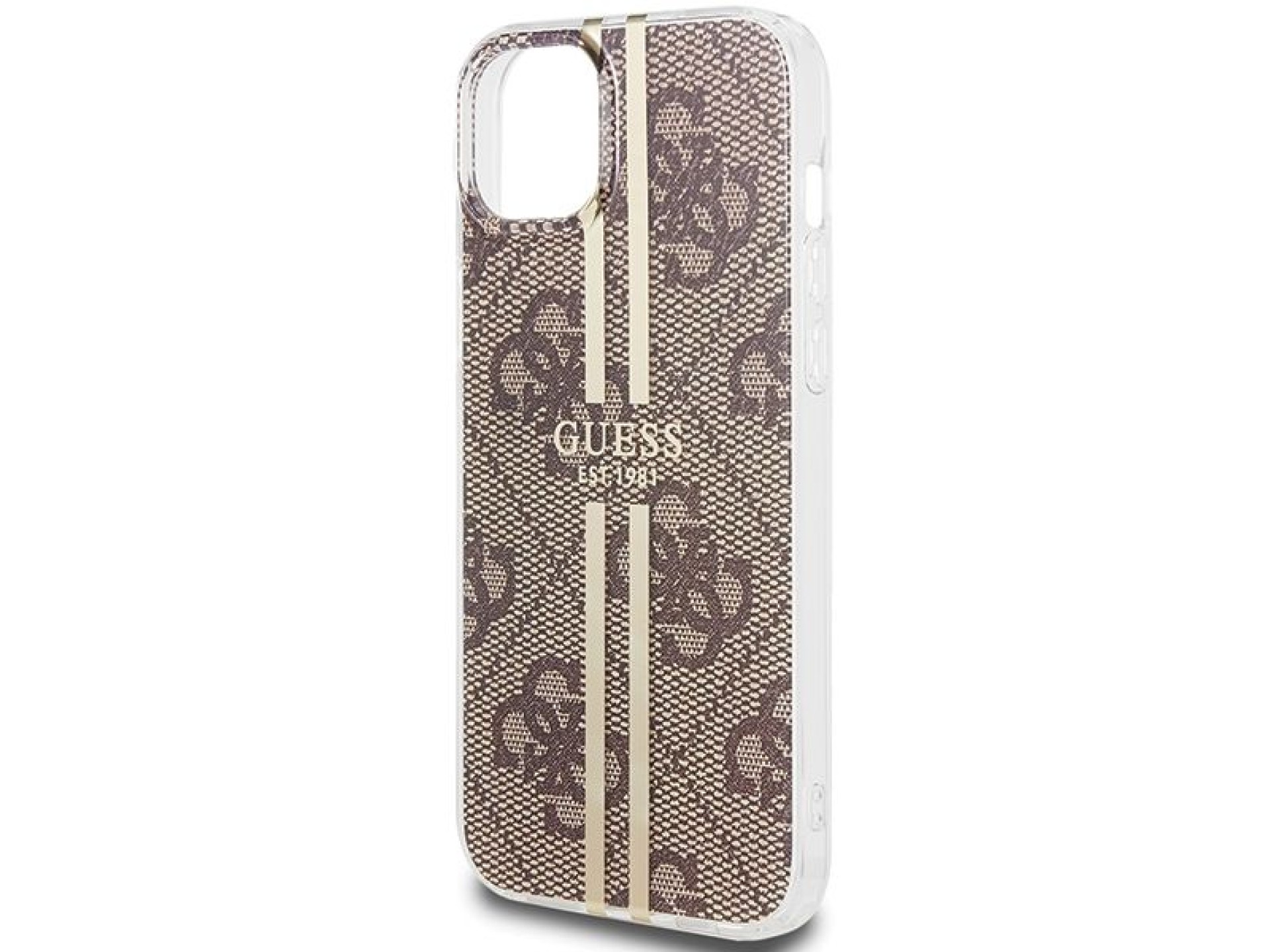 Capa Guess IML 4G com listras douradas para iPhone 15 Plus / 14 Plus - marrom