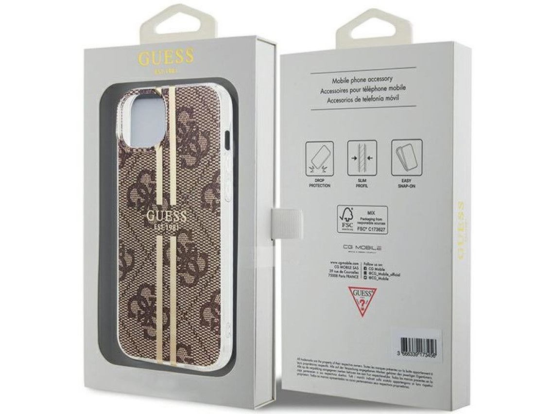 Capa Guess IML 4G com listras douradas para iPhone 15 Plus / 14 Plus - marrom