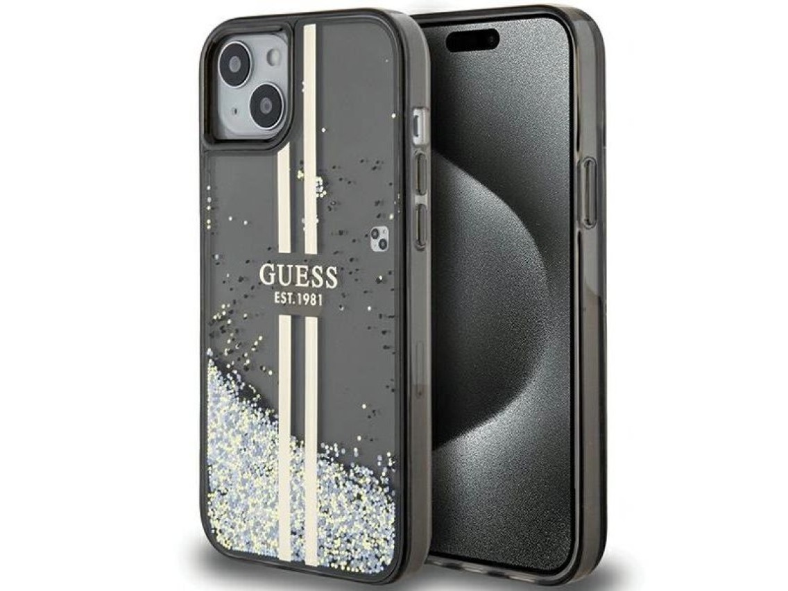 Funda Guess Liquid Glitter Gold Stripes para iPhone 15 Plus / 14 Plus - negra