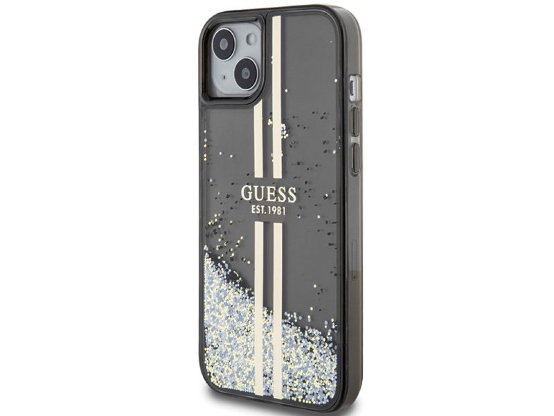 Funda Guess Liquid Glitter Gold Stripes para iPhone 15 Plus / 14 Plus - negra