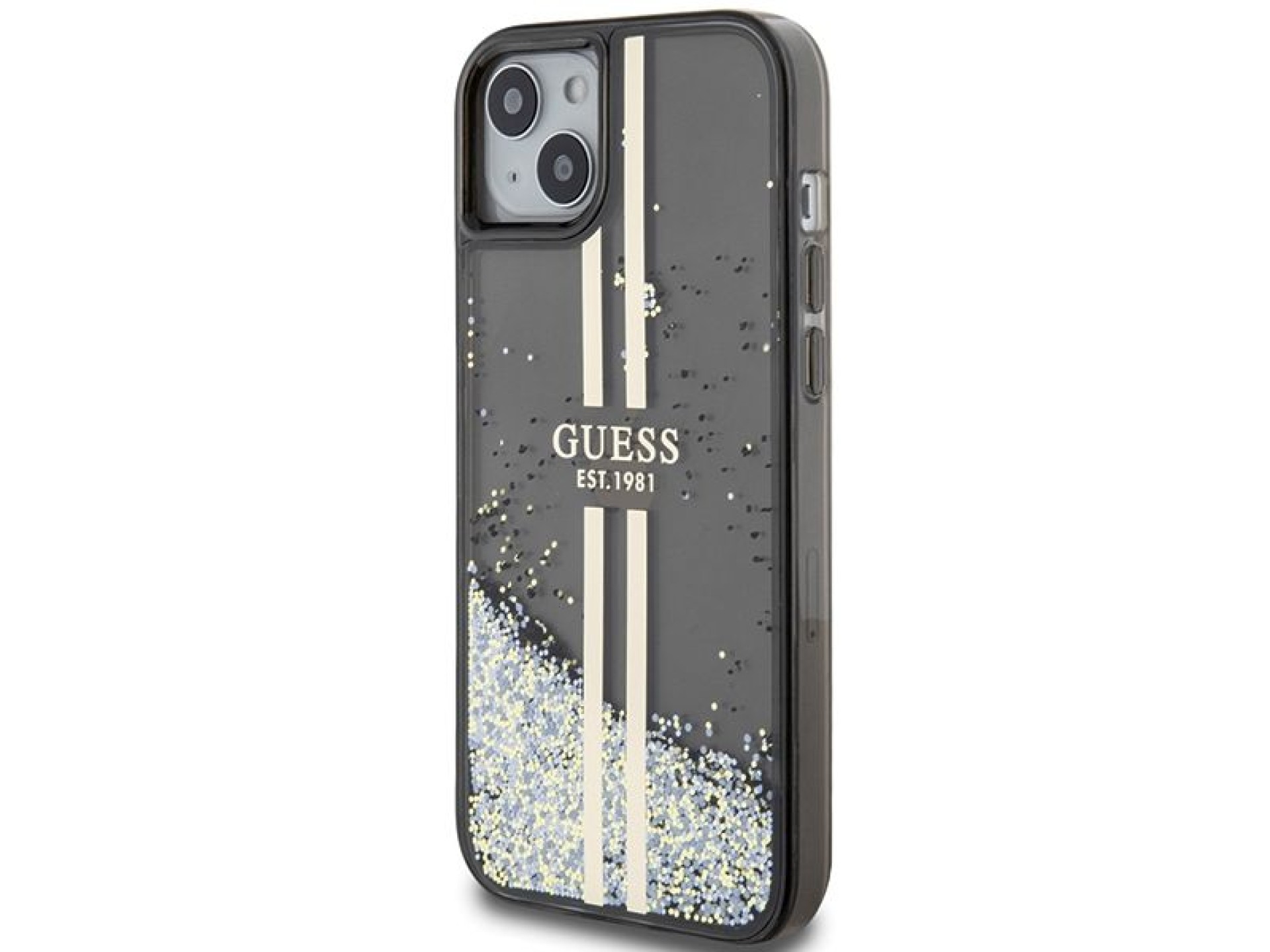 Funda Guess Liquid Glitter Gold Stripes para iPhone 15 Plus / 14 Plus - negra