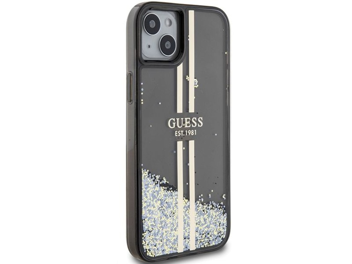 Funda Guess Liquid Glitter Gold Stripes para iPhone 15 Plus / 14 Plus - negra