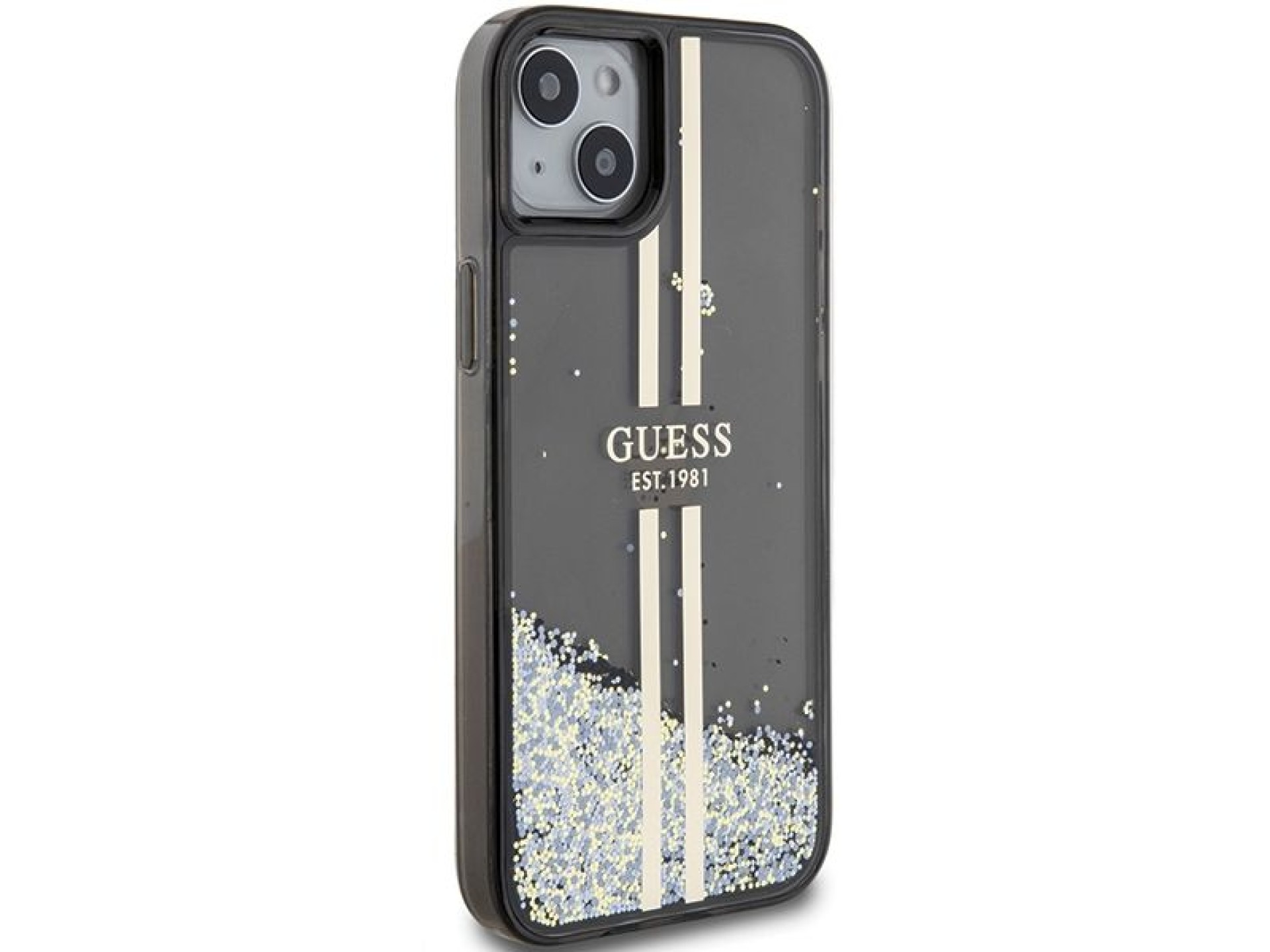Funda Guess Liquid Glitter Gold Stripes para iPhone 15 Plus / 14 Plus - negra